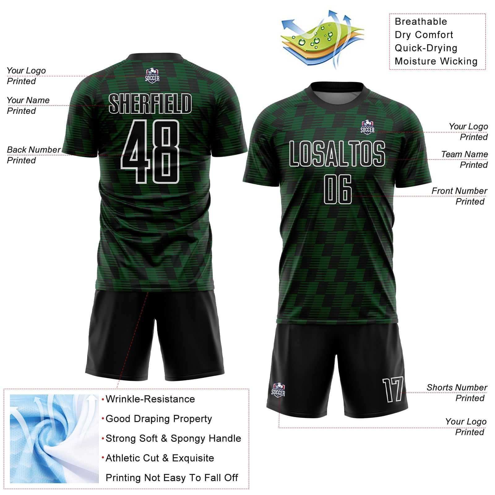 Custom Black Green-White Line Sublimation Soccer Uniform Jersey
