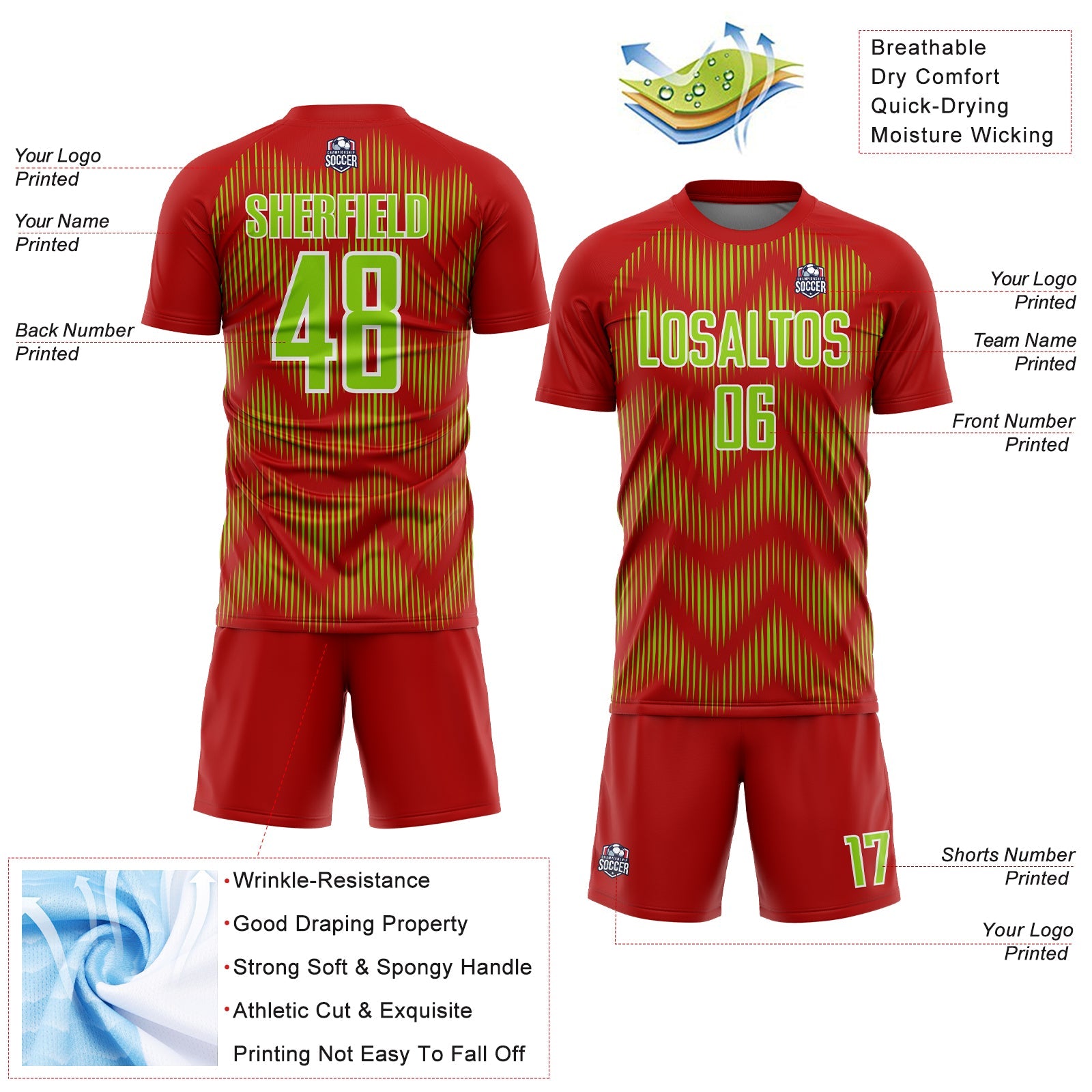 Custom Red Neon Green-White Line Sublimation Soccer Uniform Jersey