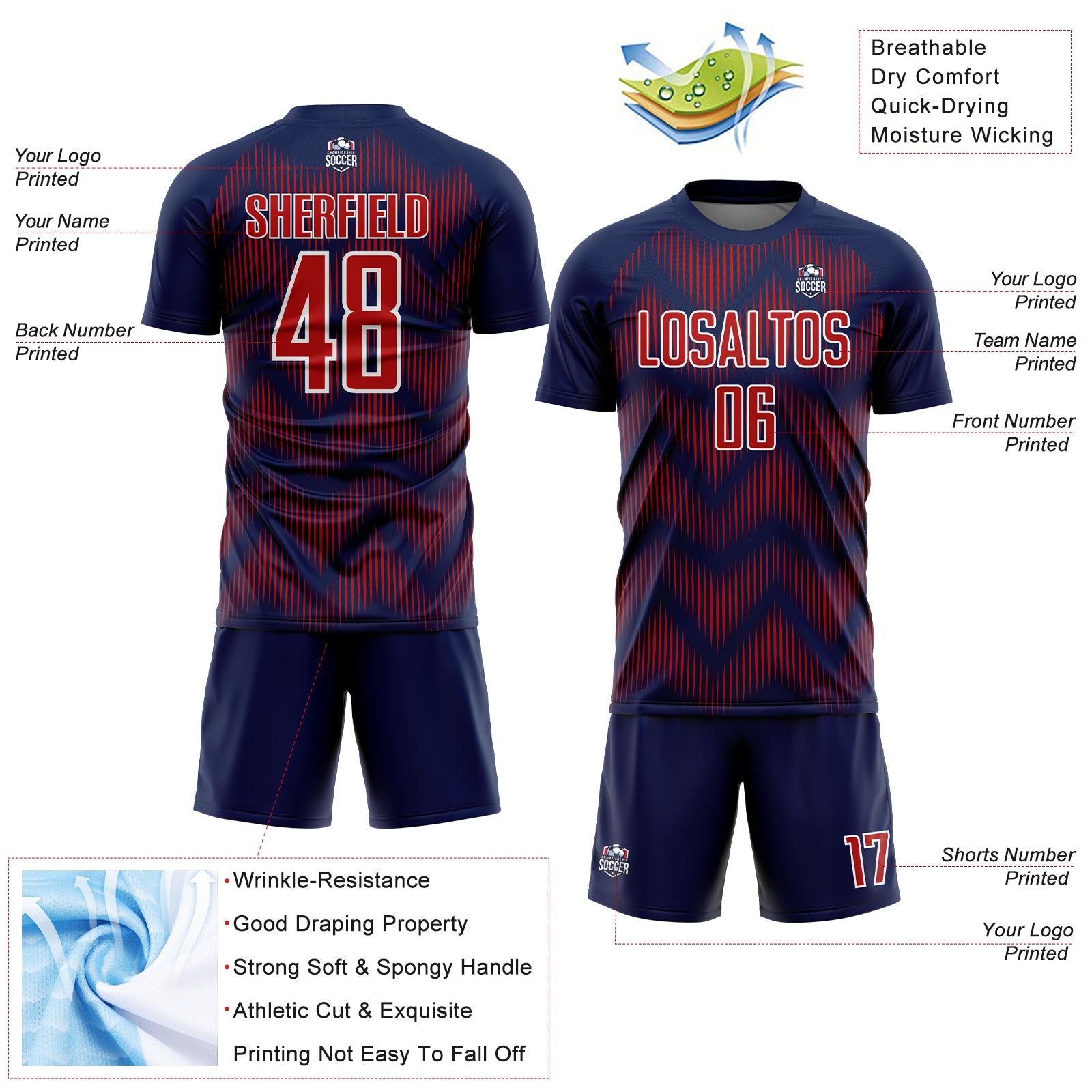 Custom Navy Red-White Line Sublimation Soccer Uniform Jersey