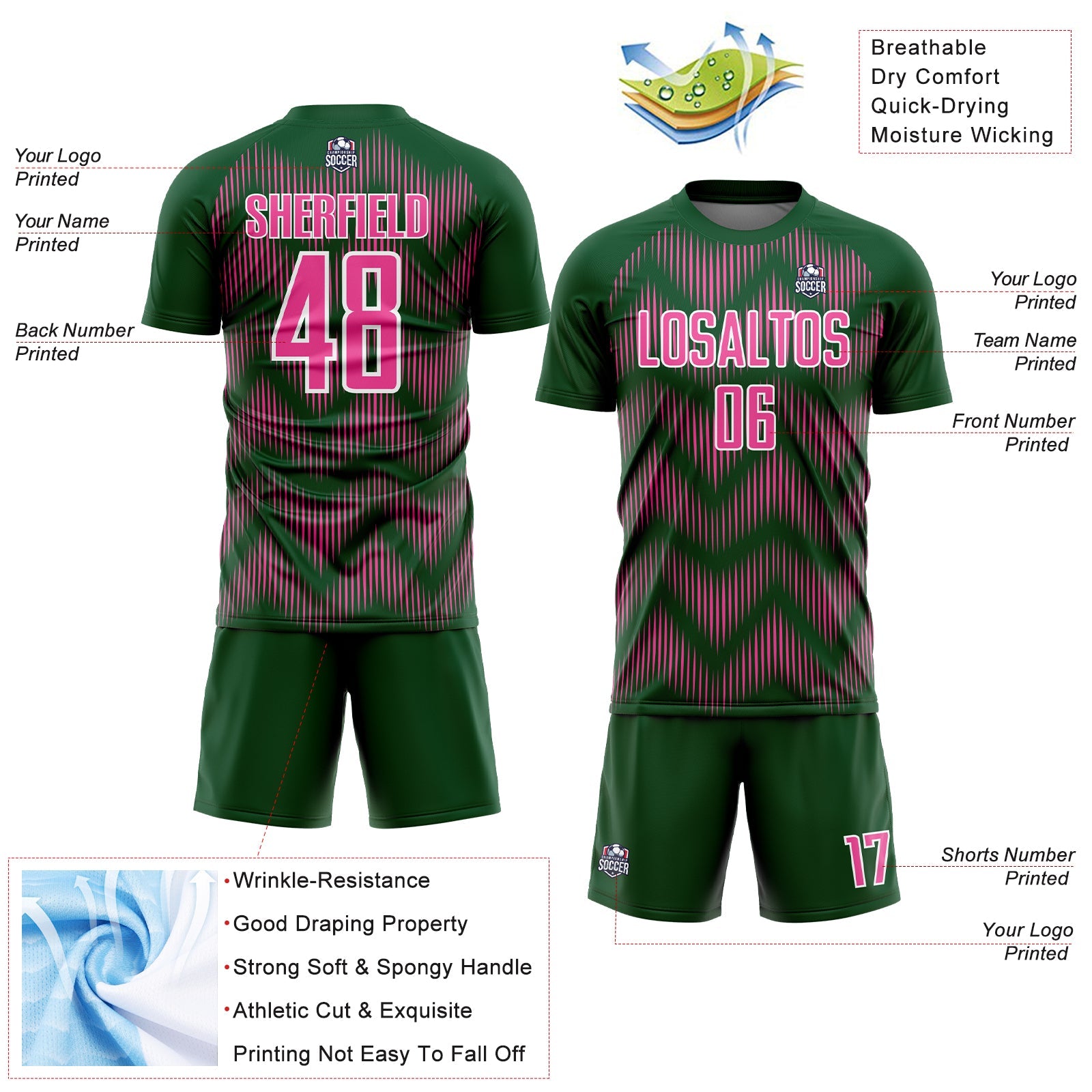 Custom Green Pink-White Line Sublimation Soccer Uniform Jersey