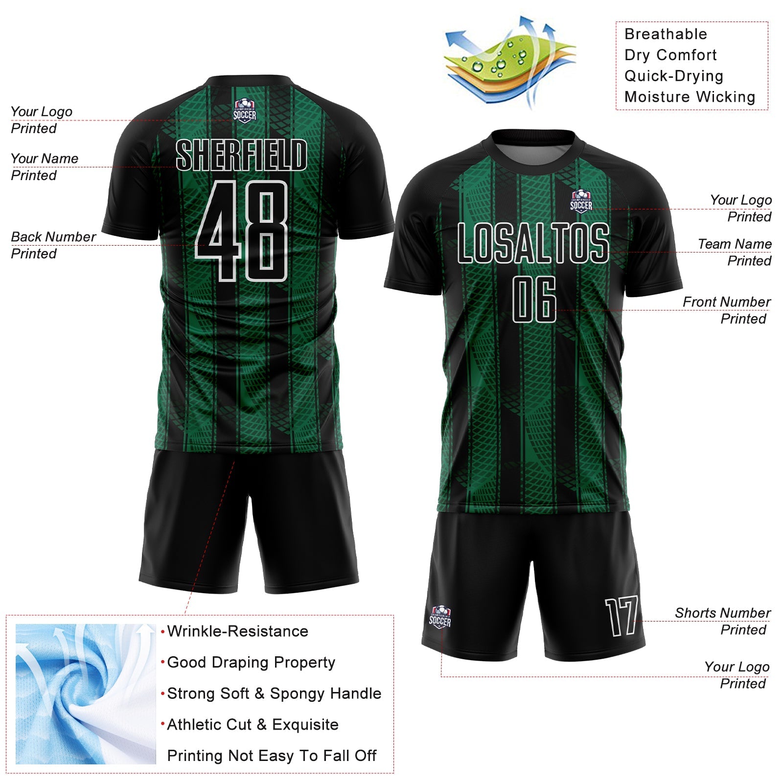 Custom Black Kelly Green-White Abstract Network Sublimation Soccer Uniform Jersey