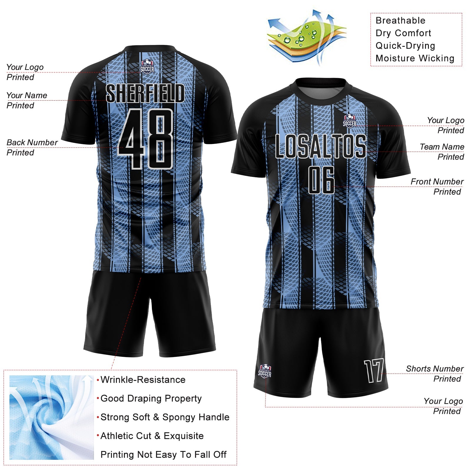 Custom Black Light Blue-White Abstract Network Sublimation Soccer Uniform Jersey