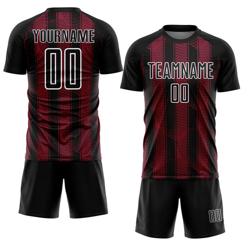 Custom Black Crimson-White Abstract Network Sublimation Soccer Uniform Jersey
