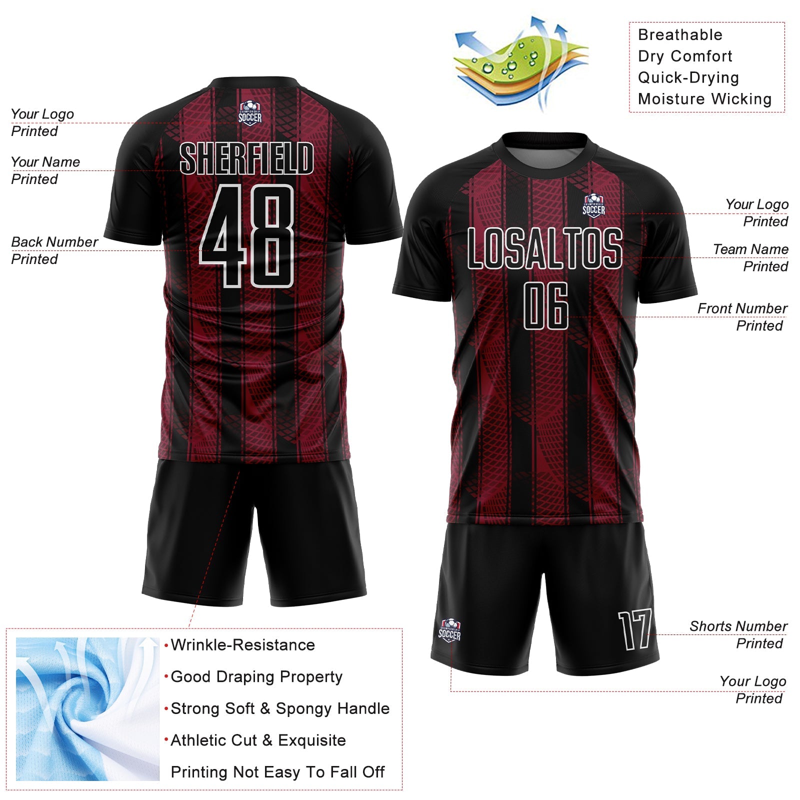 Custom Black Crimson-White Abstract Network Sublimation Soccer Uniform Jersey