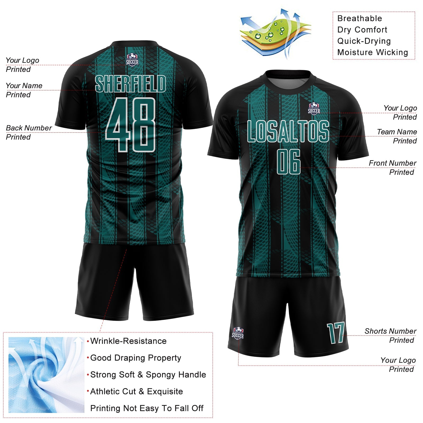 Custom Black Teal-White Abstract Network Sublimation Soccer Uniform Jersey