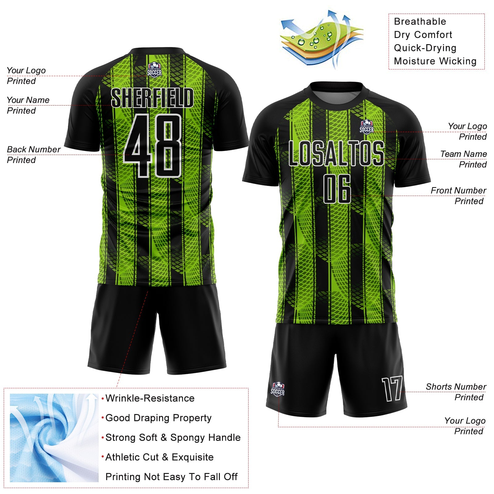 Custom Black Neon Green-White Abstract Network Sublimation Soccer Uniform Jersey