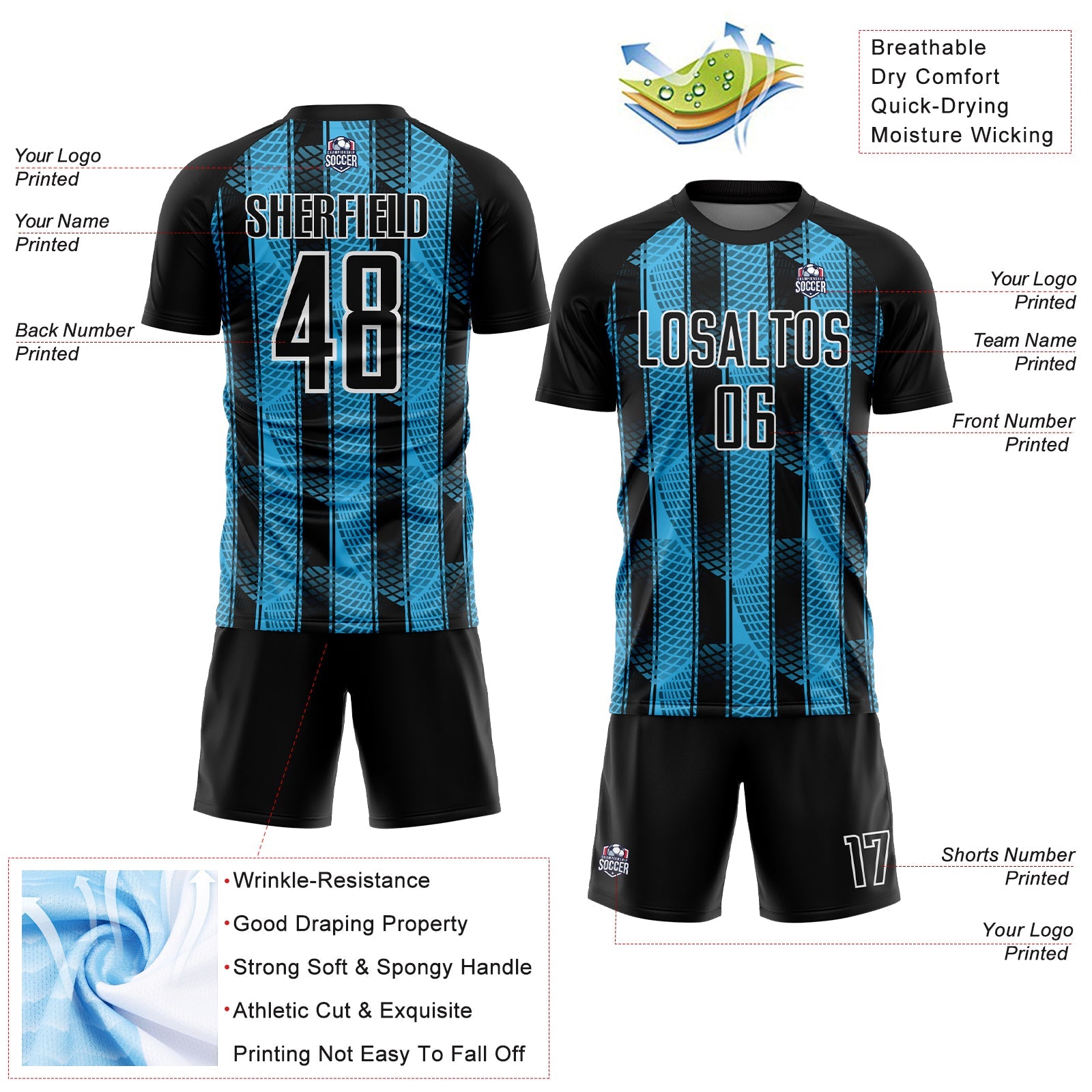 Custom Black Sky Blue-White Abstract Network Sublimation Soccer Uniform Jersey