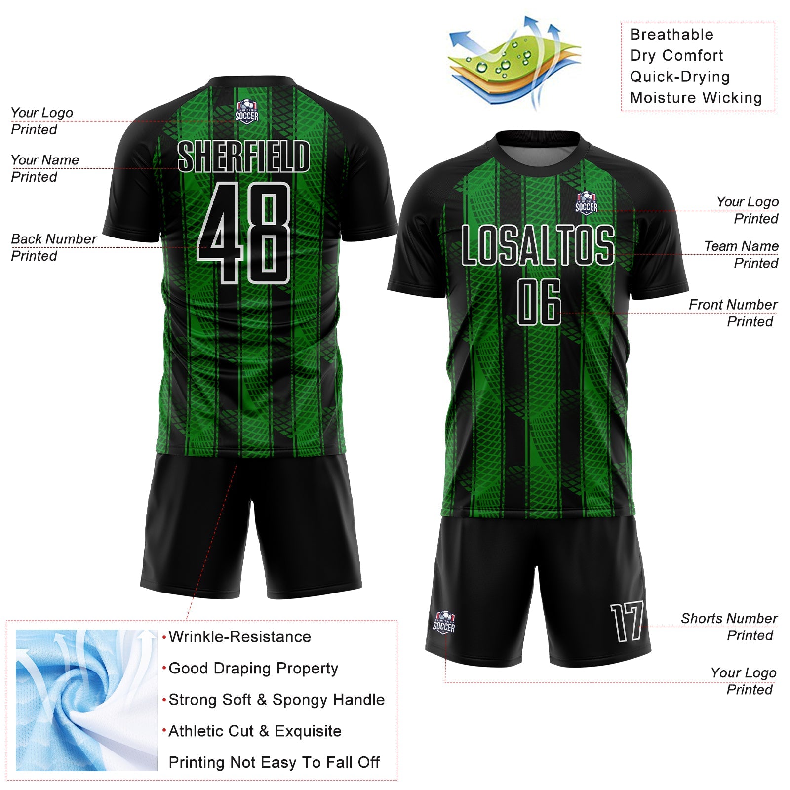 Custom Black Grass Green-White Abstract Network Sublimation Soccer Uniform Jersey