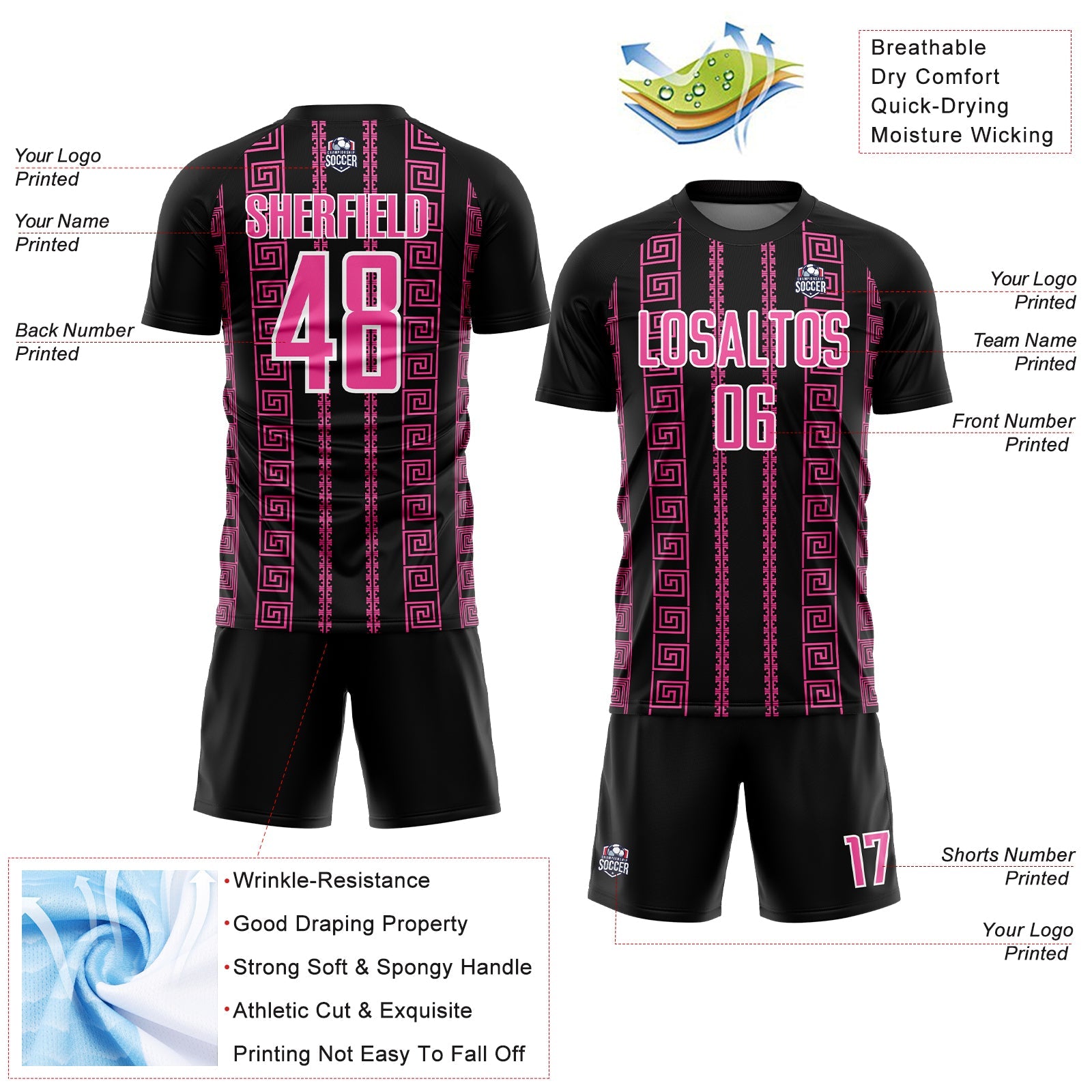 Custom Black Pink-White Geometric Shape Sublimation Soccer Uniform Jersey