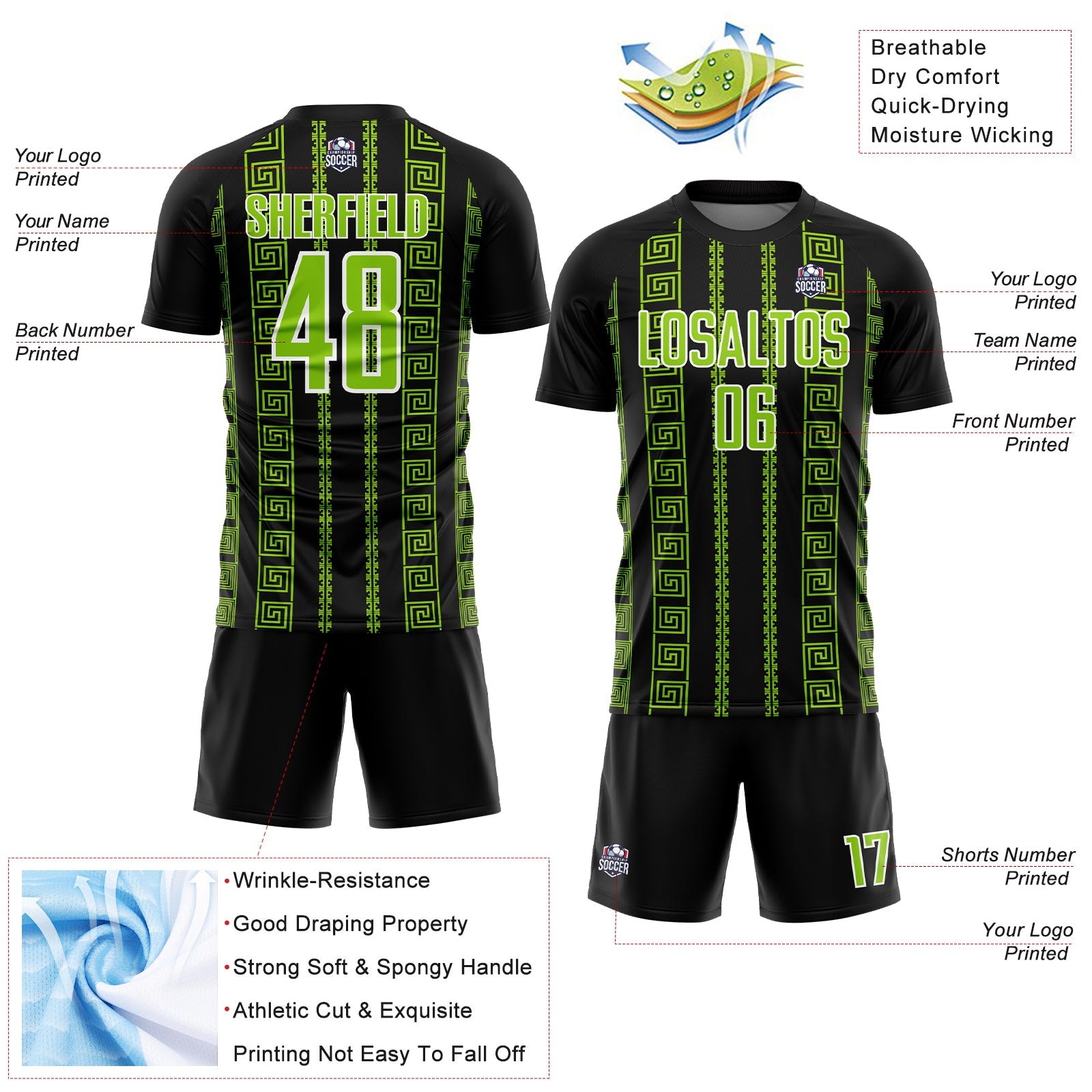 Custom Black Neon Green-White Geometric Shape Sublimation Soccer Uniform Jersey