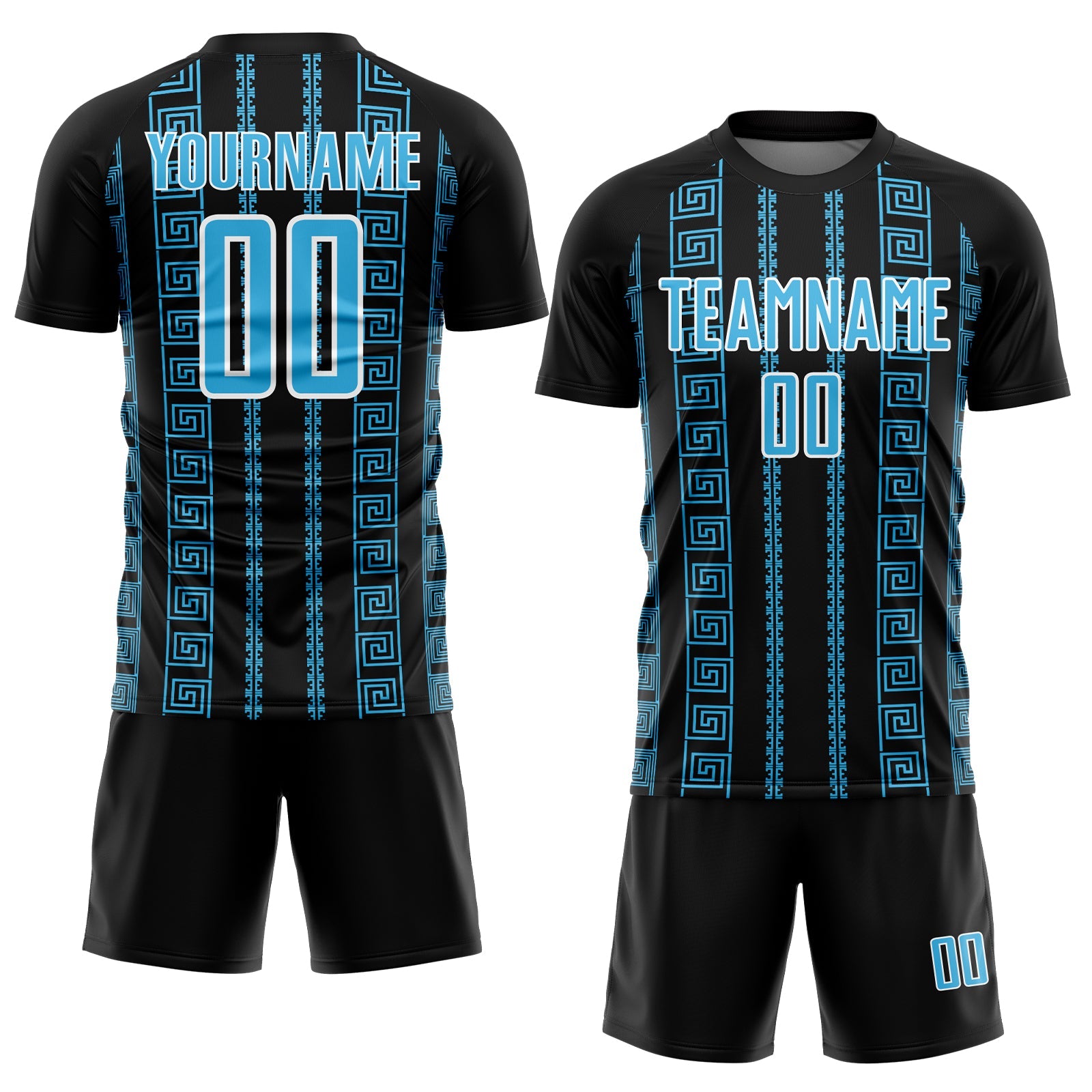 Custom Black Sky Blue-White Geometric Shape Sublimation Soccer Uniform Jersey