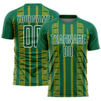 Custom Kelly Green Gold-White Geometric Shape Sublimation Soccer Uniform Jersey