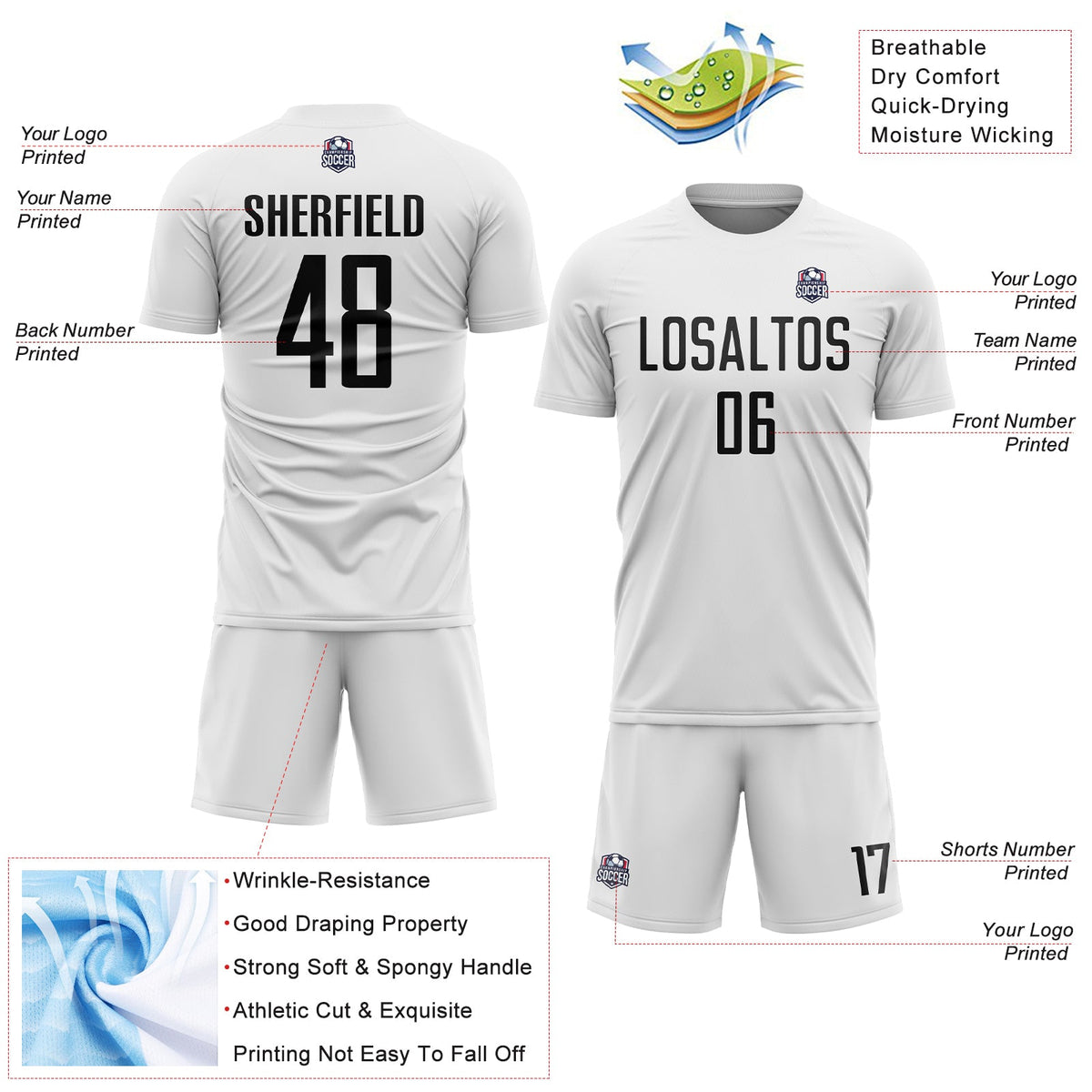 Custom White Black Sublimation Soccer Uniform Jersey