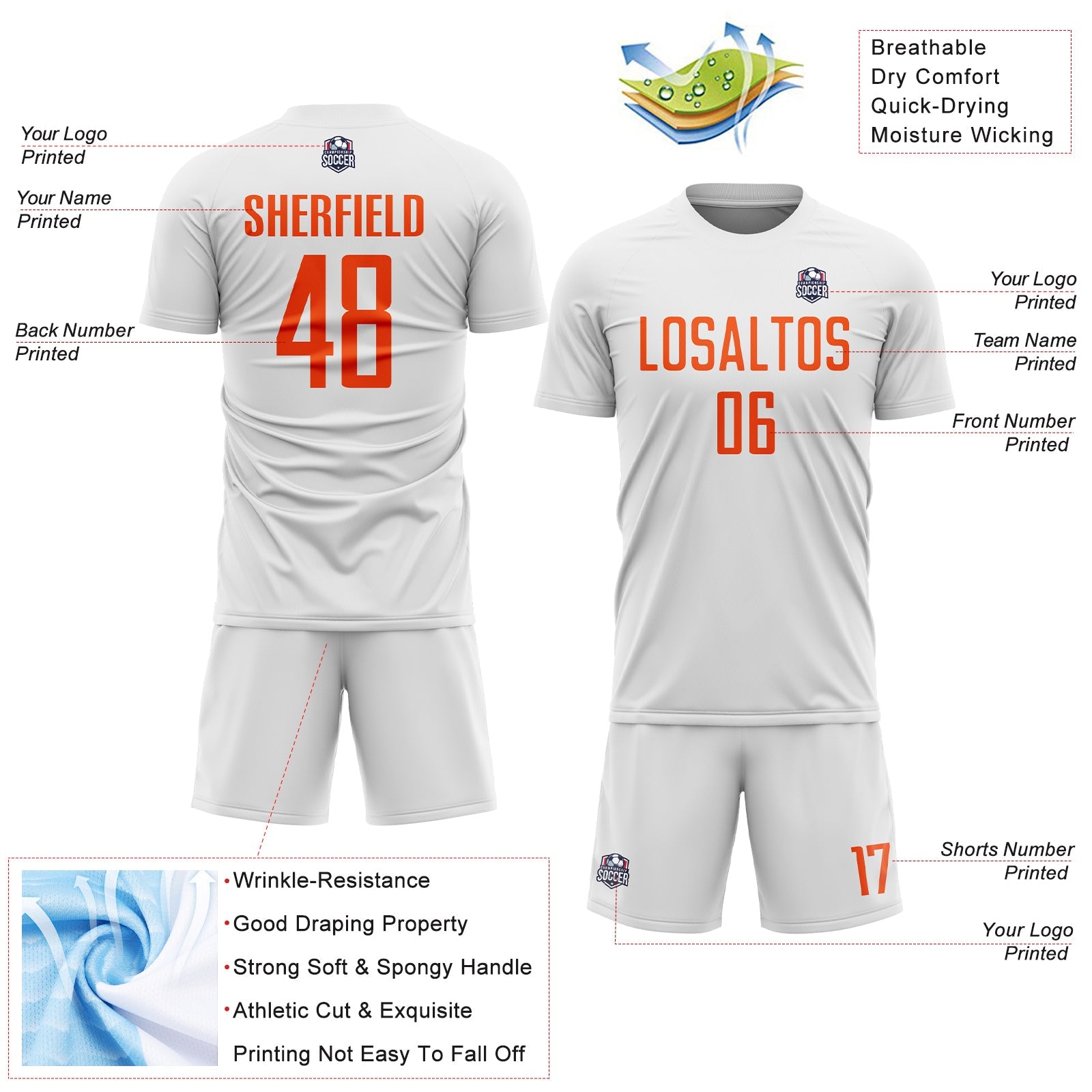 Custom White Orange Sublimation Soccer Uniform Jersey