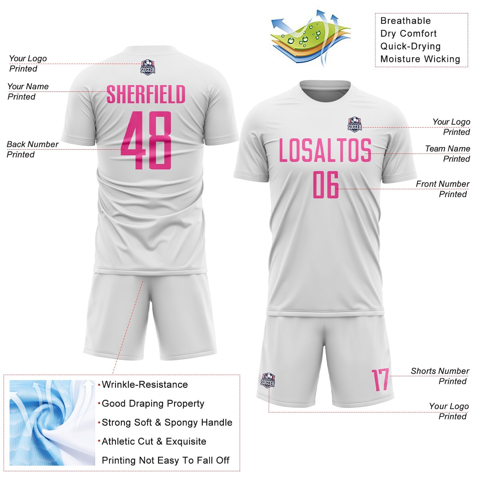 Custom White Pink Sublimation Soccer Uniform Jersey