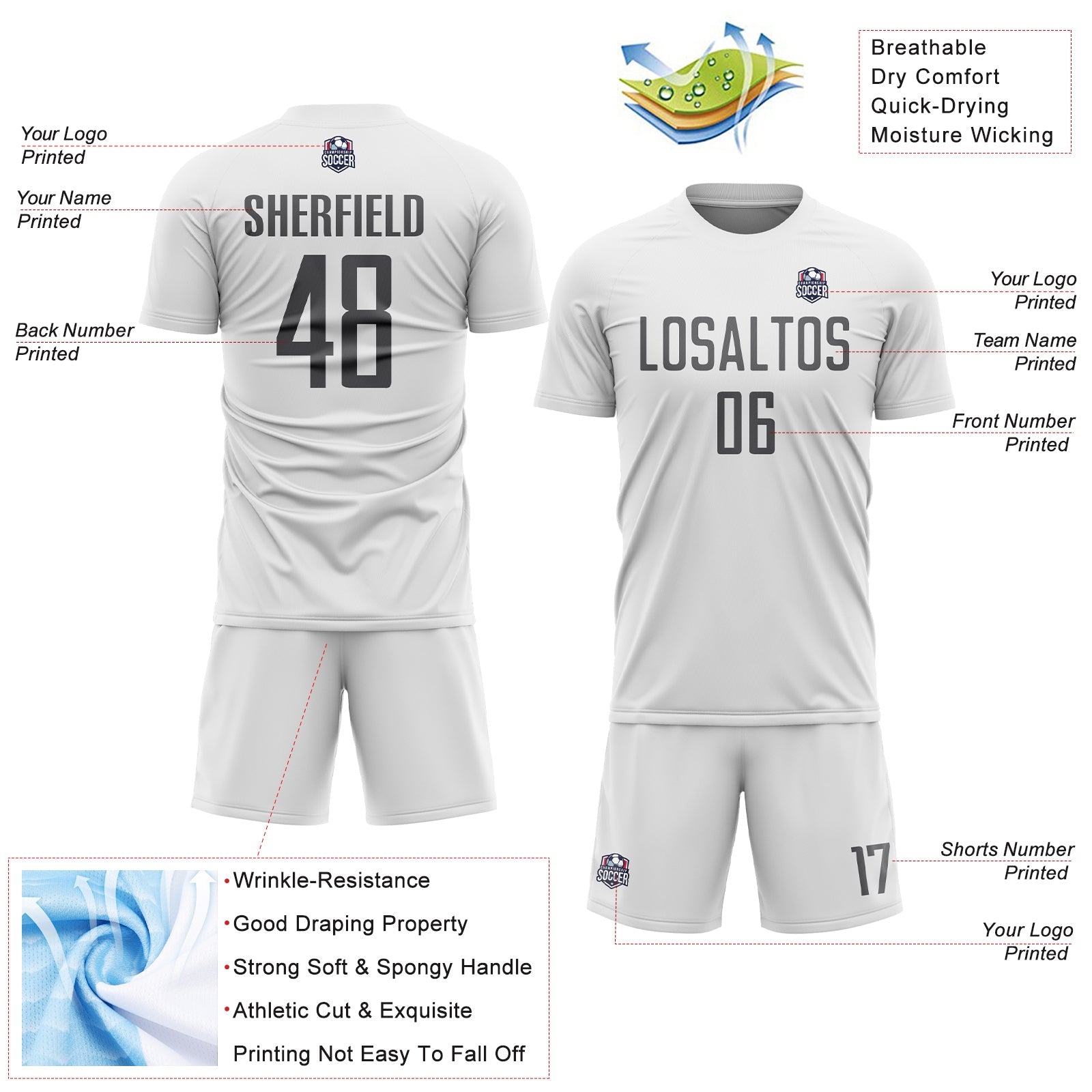Custom White Steel Gray Sublimation Soccer Uniform Jersey