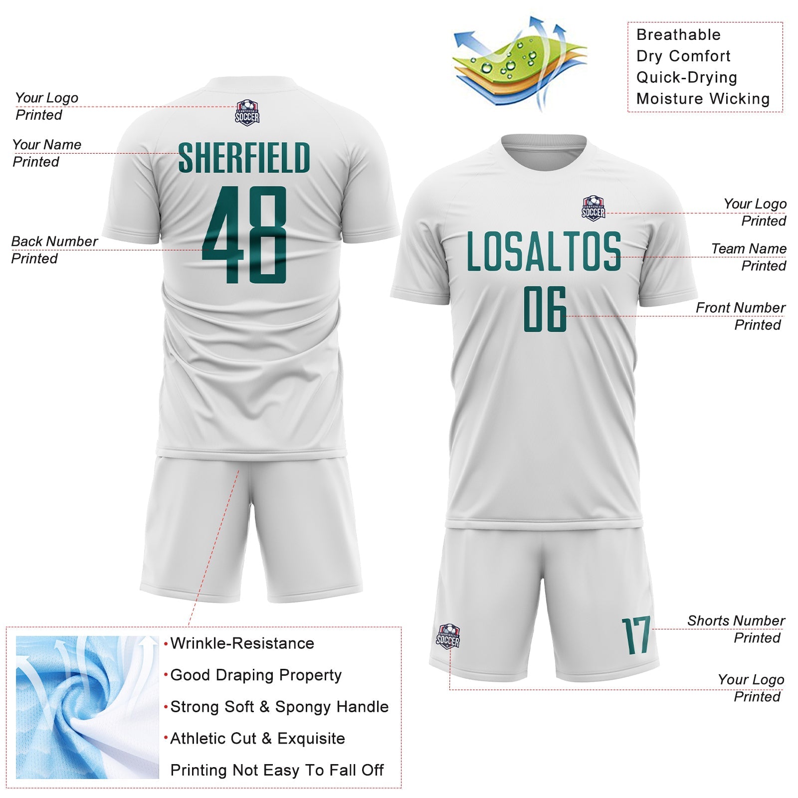 Custom White Teal Sublimation Soccer Uniform Jersey