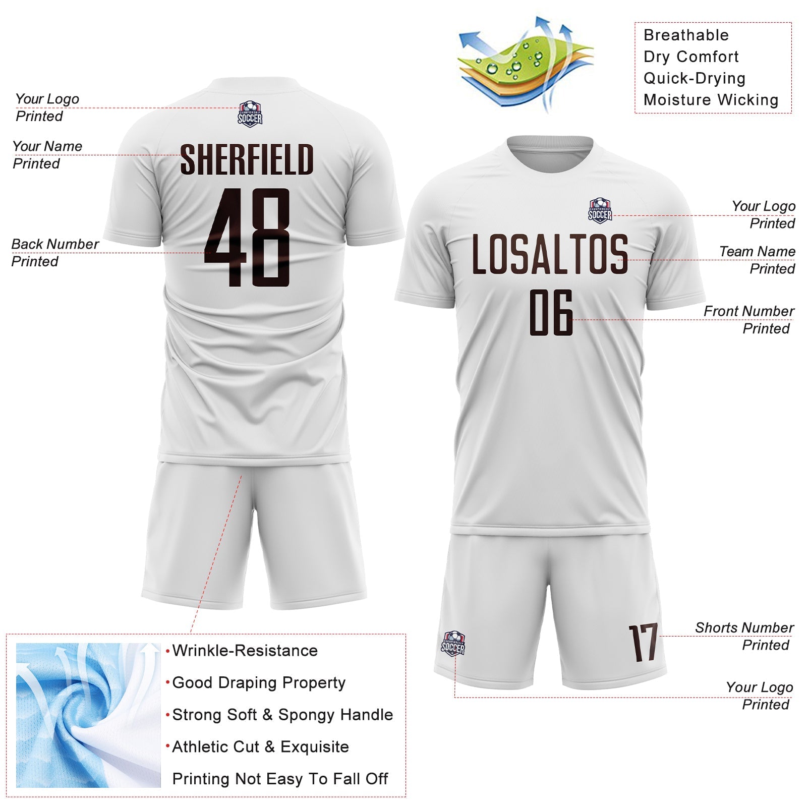Custom White Brown Sublimation Soccer Uniform Jersey