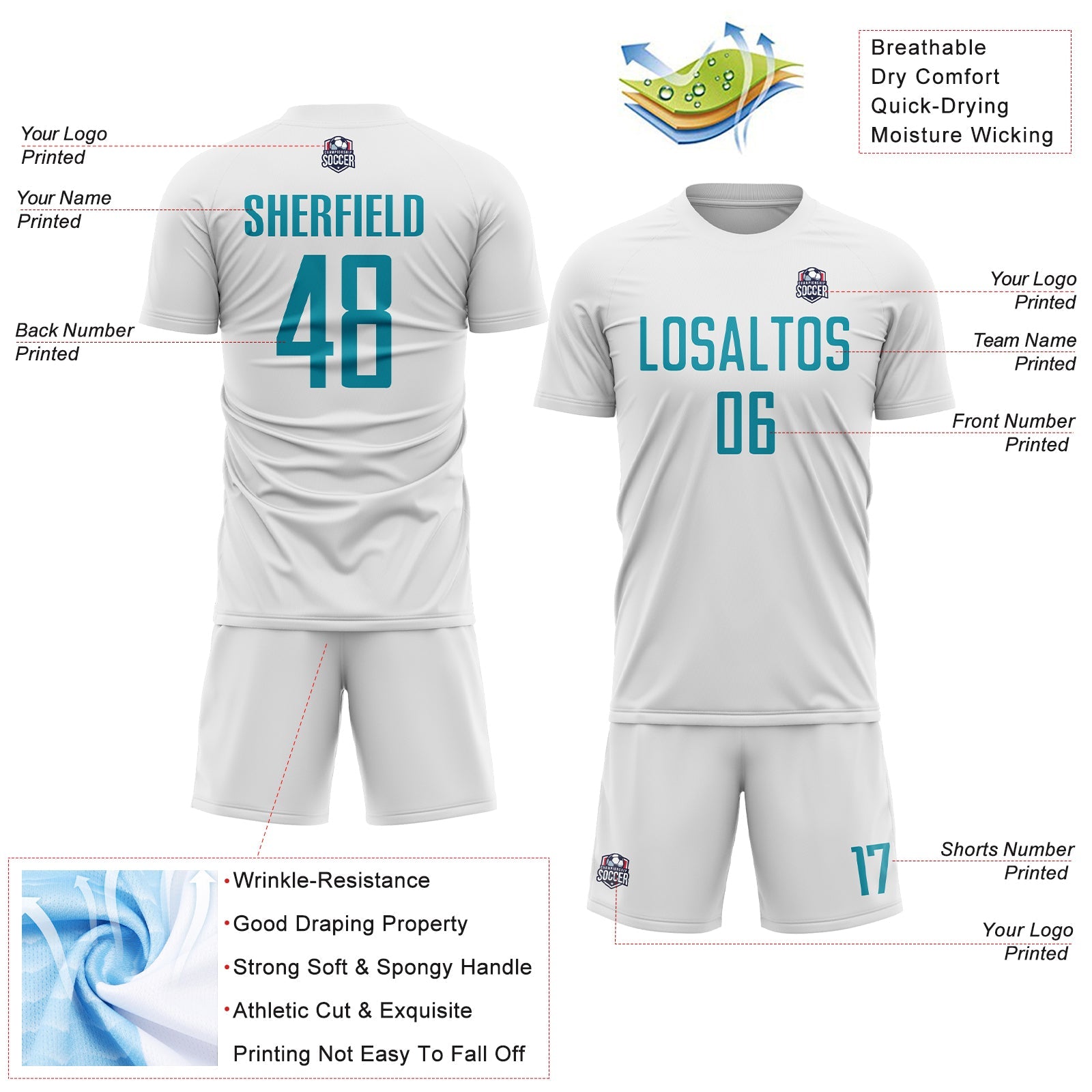 Custom White Teal Sublimation Soccer Uniform Jersey