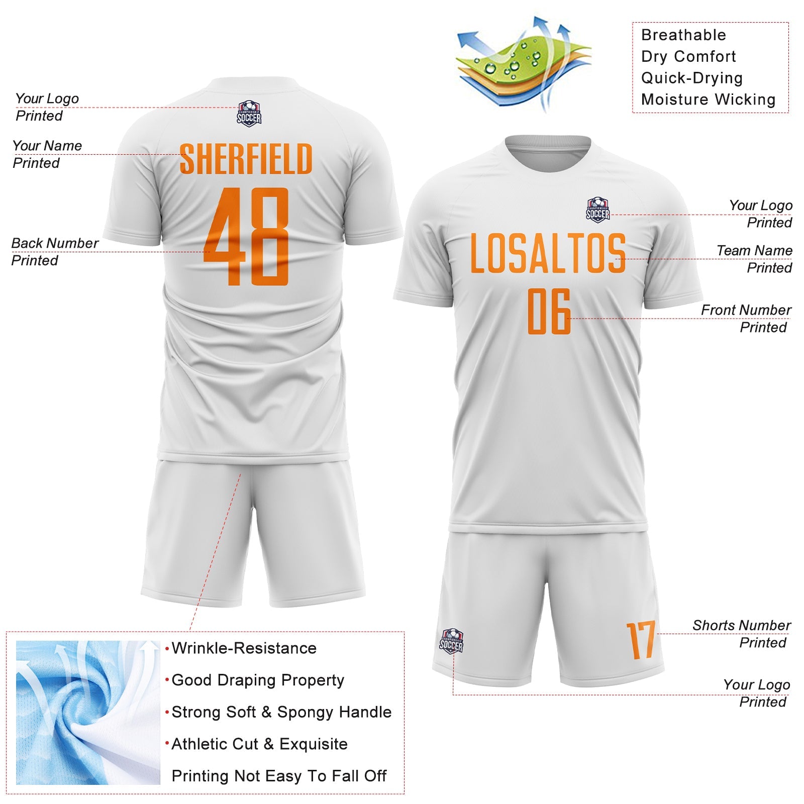 Custom White Bay Orange Sublimation Soccer Uniform Jersey