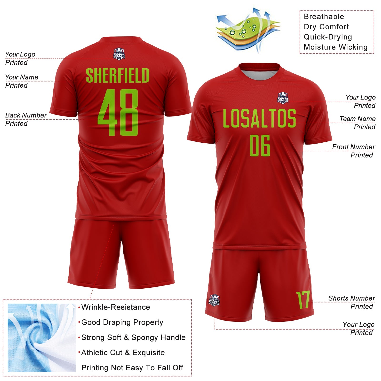 Custom Red Neon Green Sublimation Soccer Uniform Jersey