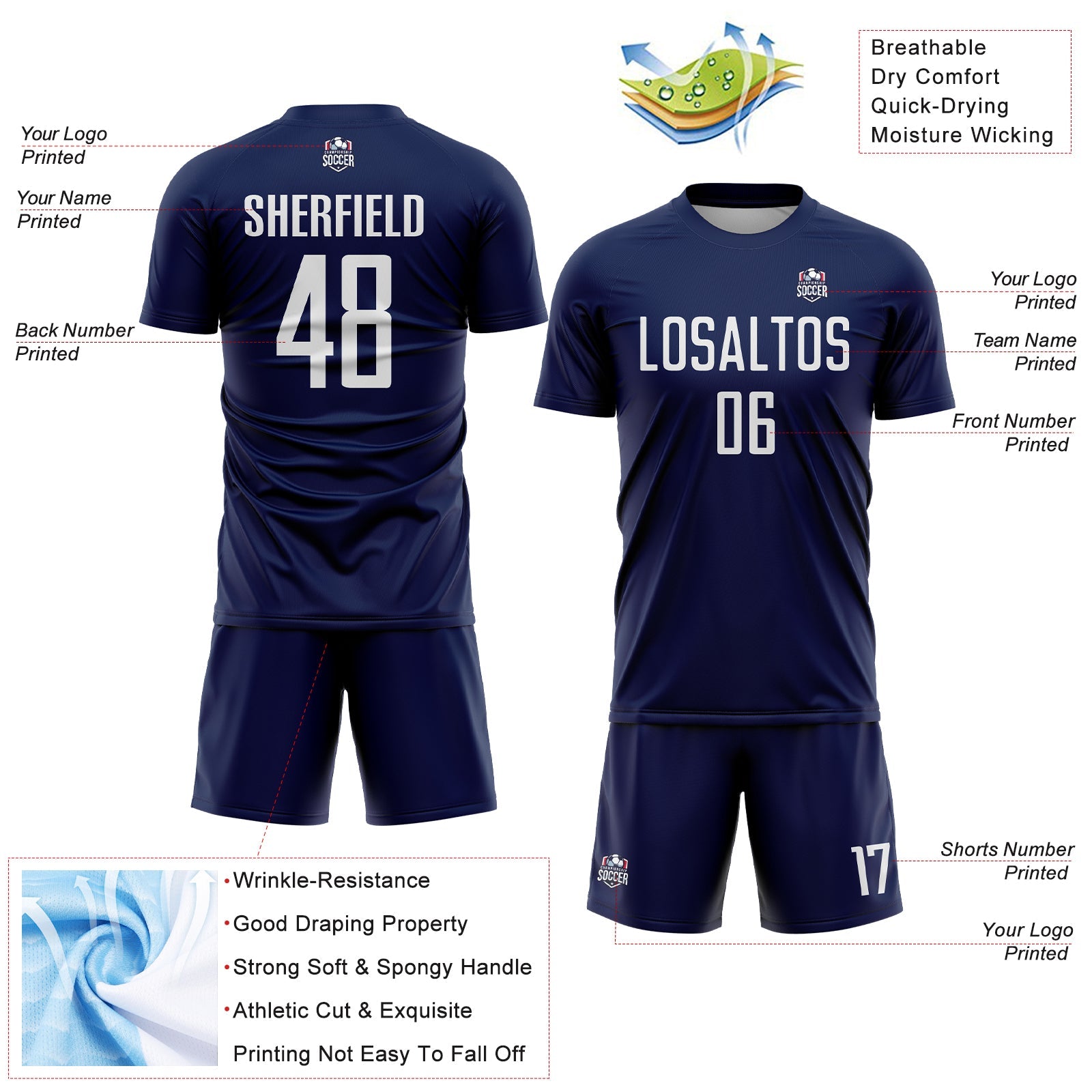 Custom Navy White Sublimation Soccer Uniform Jersey
