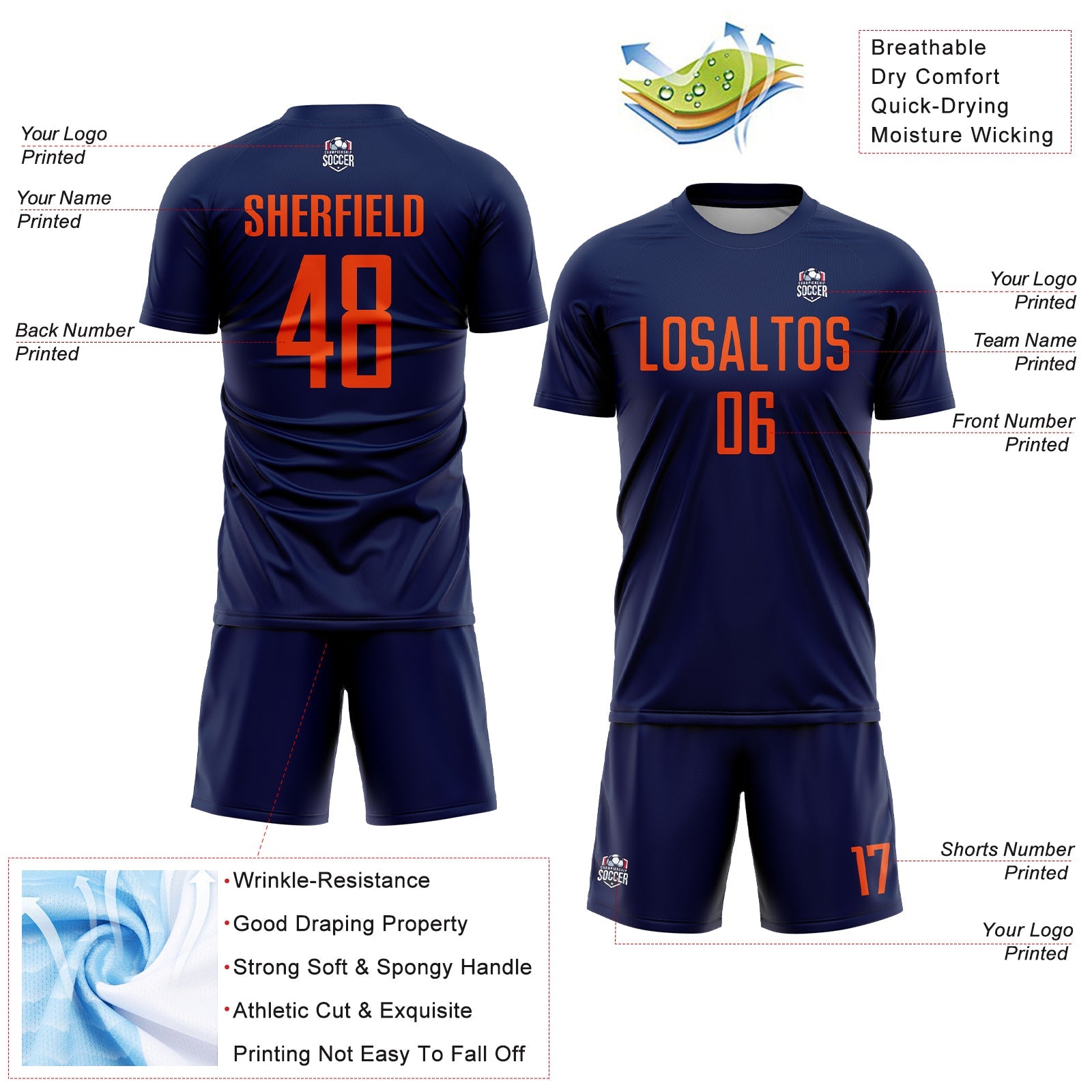 Custom Navy Orange Sublimation Soccer Uniform Jersey