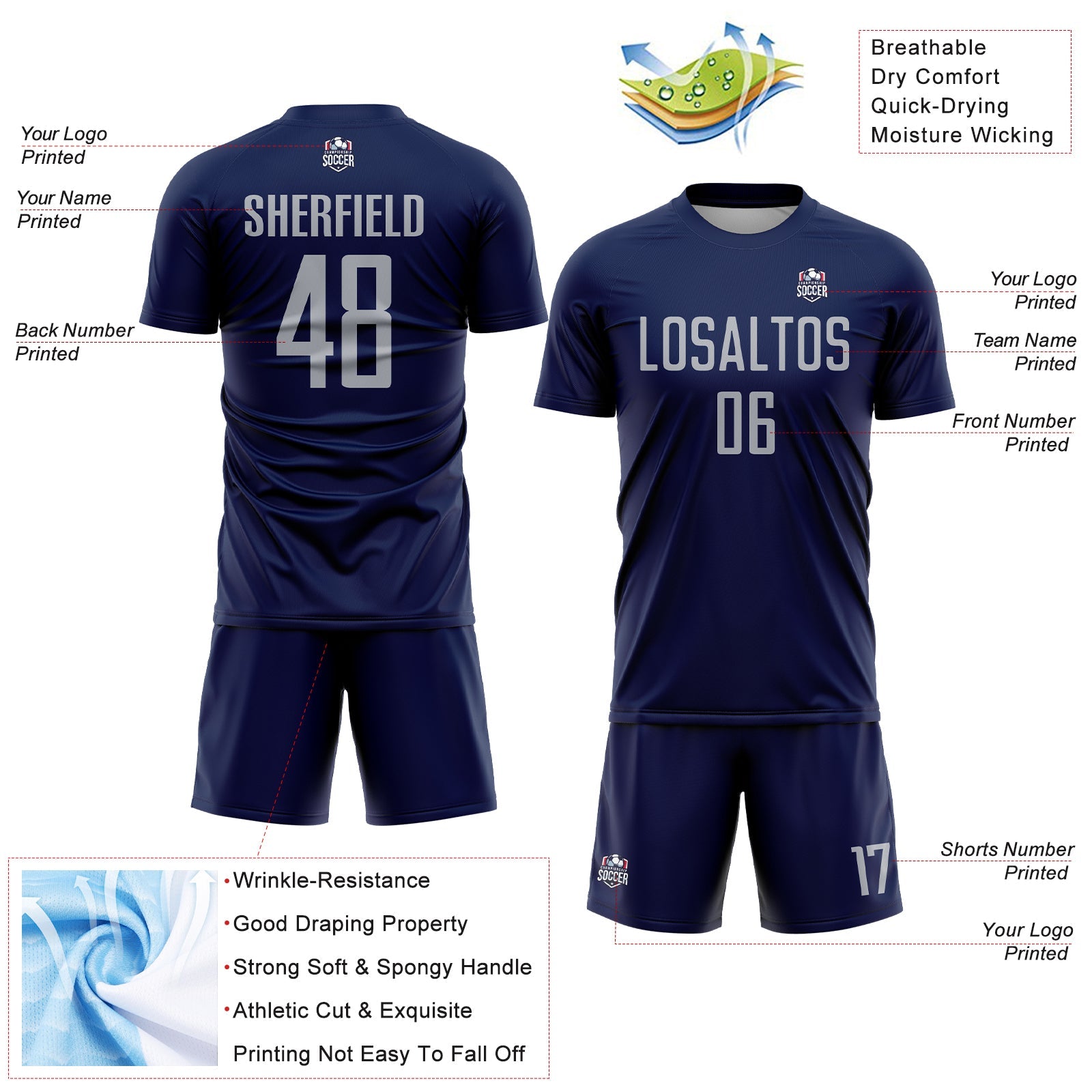 Custom Navy Gray Sublimation Soccer Uniform Jersey
