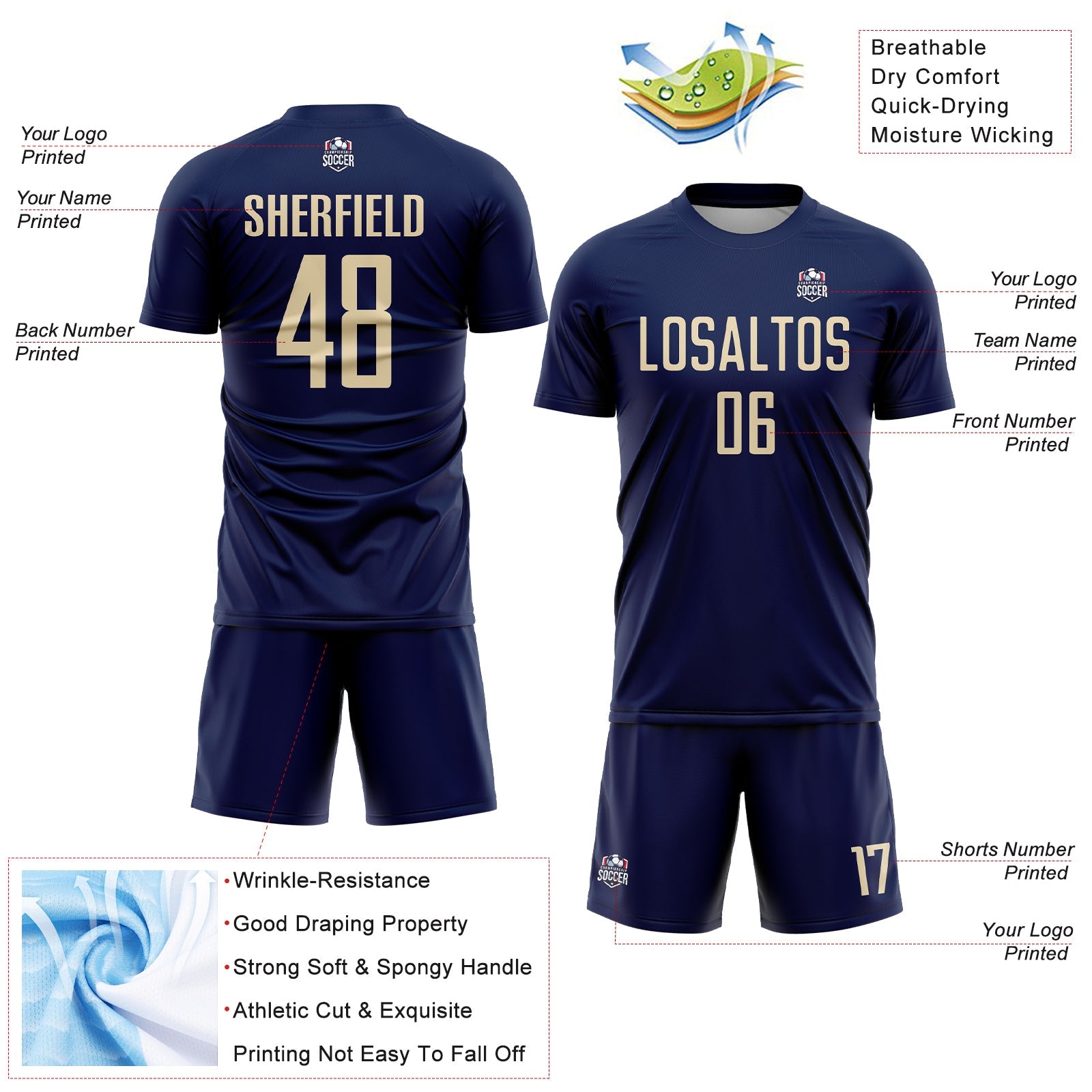 Custom Navy Cream Sublimation Soccer Uniform Jersey