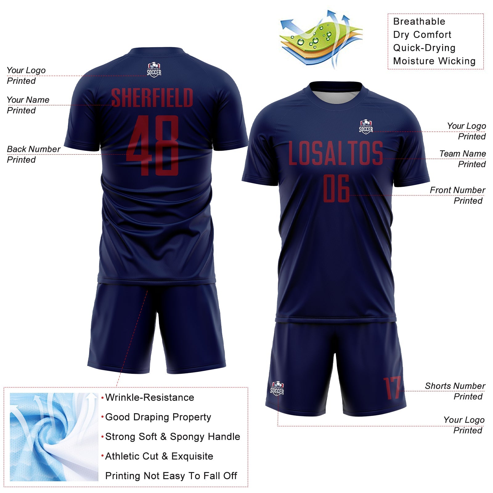 Custom Navy Crimson Sublimation Soccer Uniform Jersey