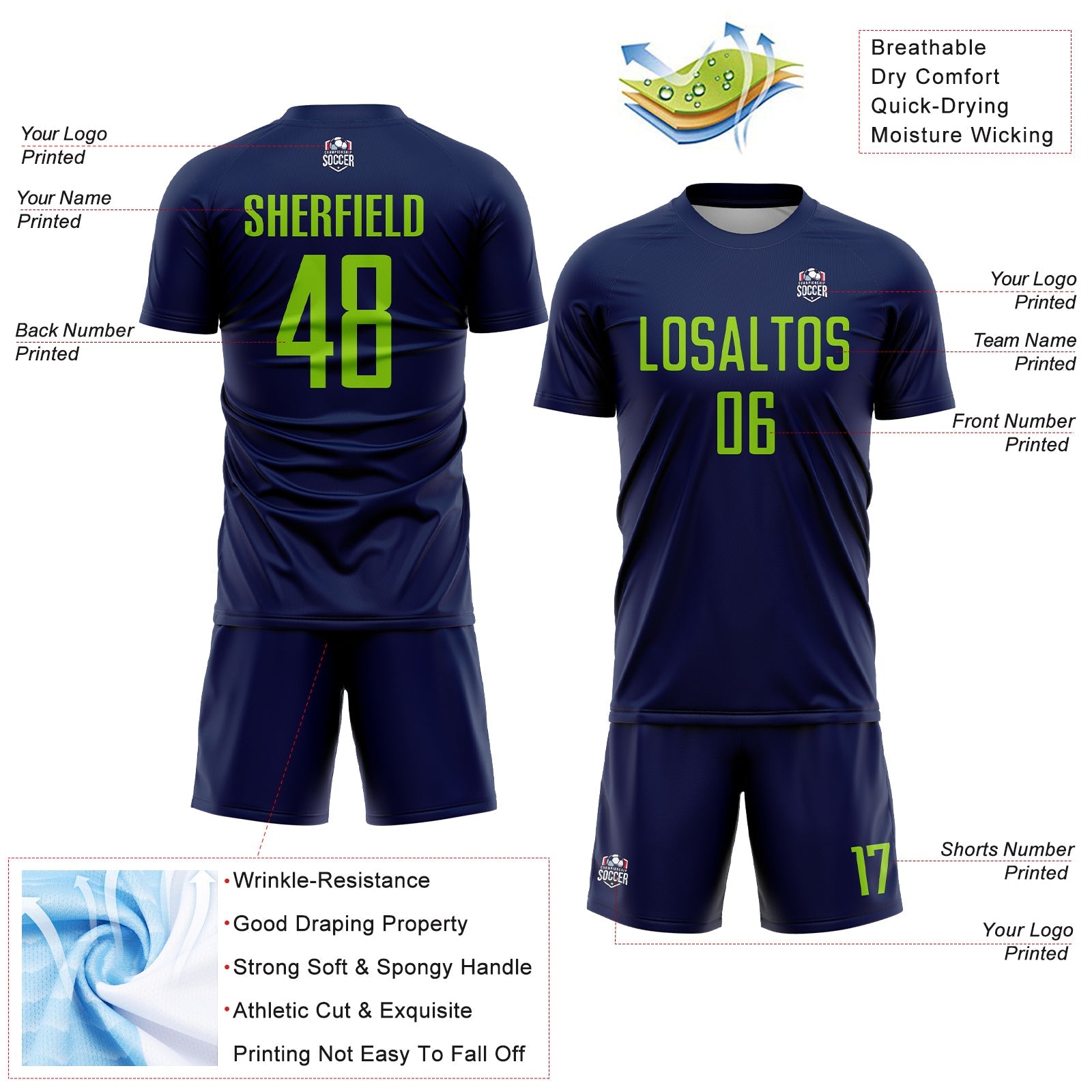 Custom Navy Neon Green Sublimation Soccer Uniform Jersey