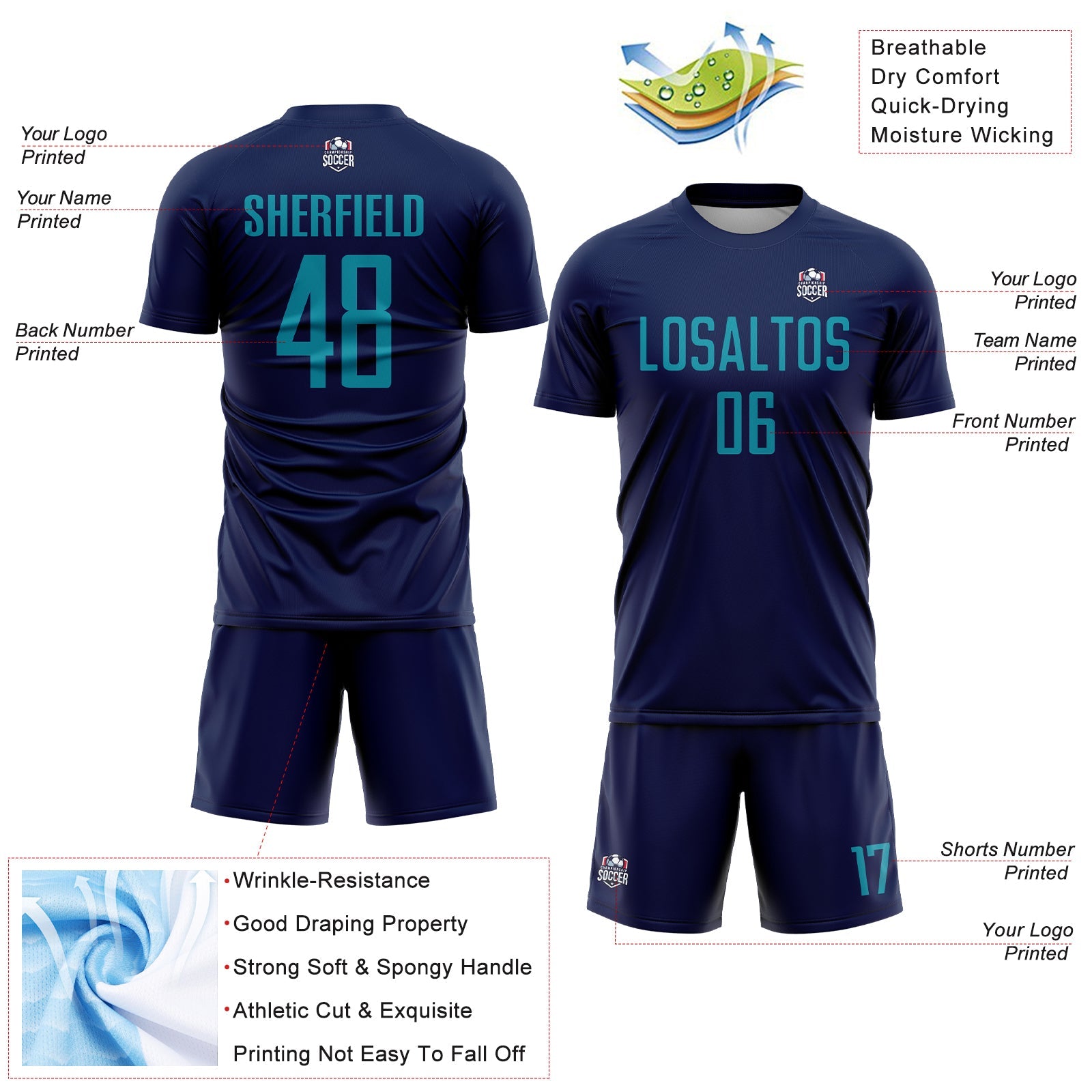 Custom Navy Teal Sublimation Soccer Uniform Jersey