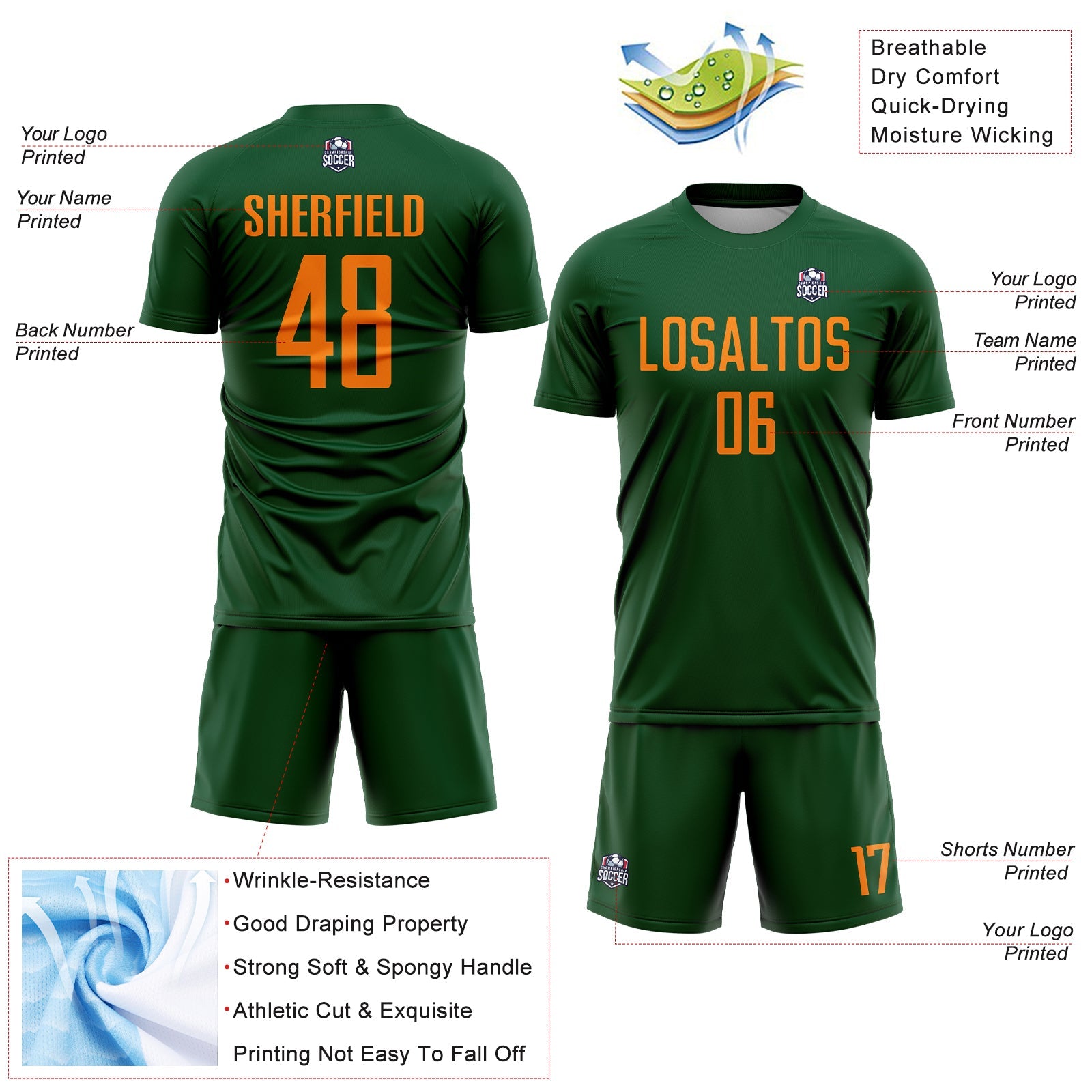 Custom Green Bay Orange Sublimation Soccer Uniform Jersey