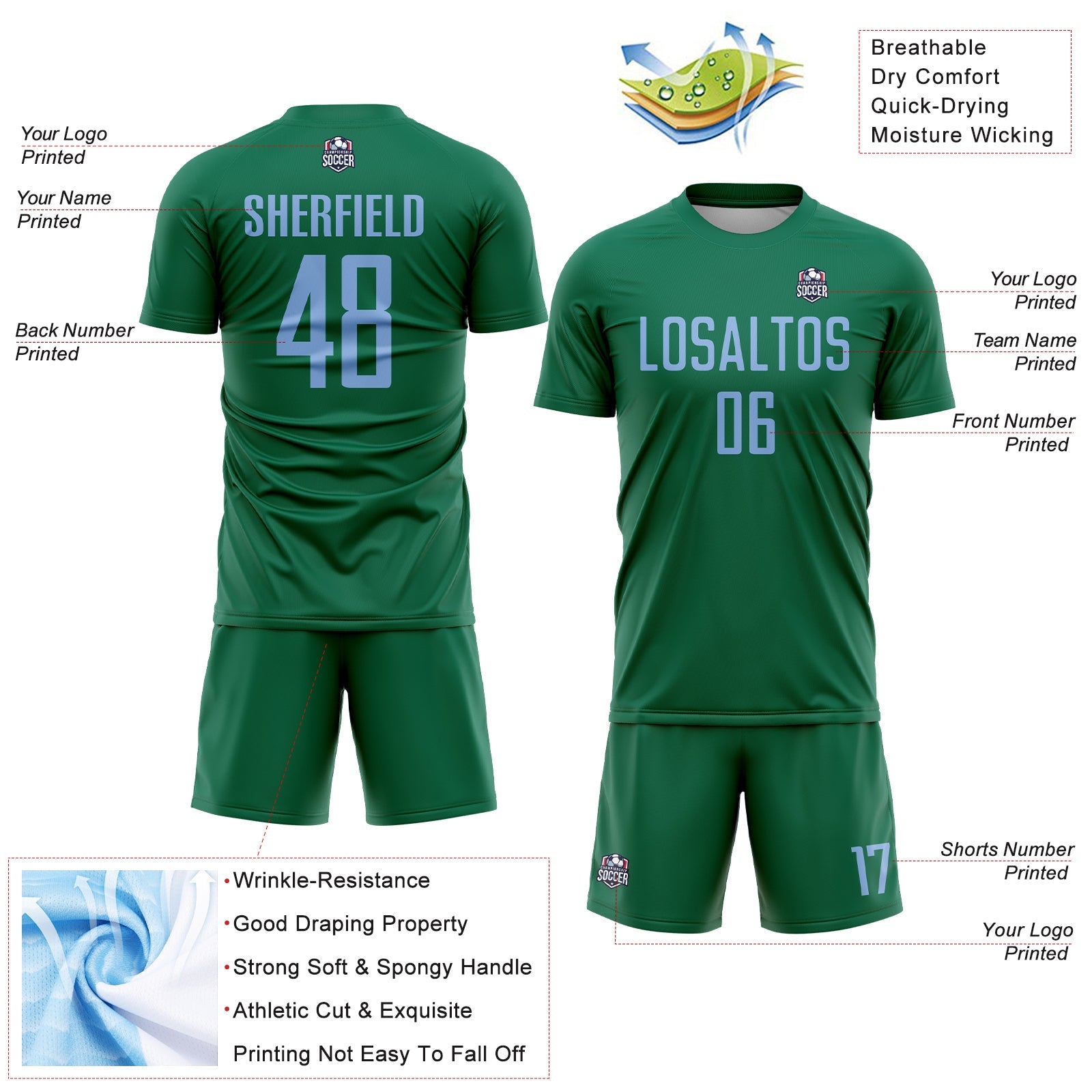 Custom Kelly Green Light Blue Sublimation Soccer Uniform Jersey