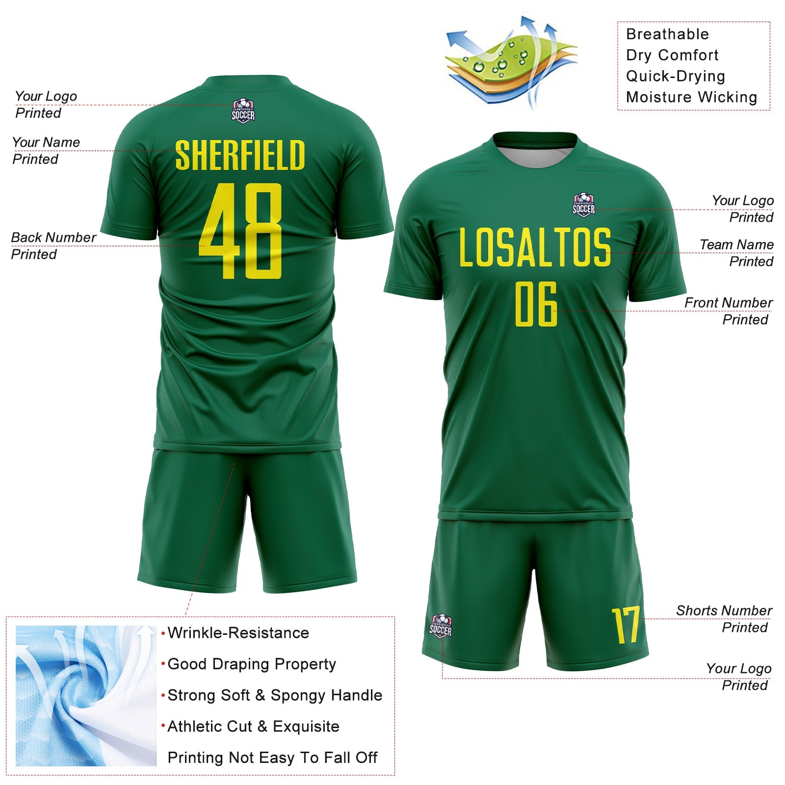 Custom Kelly Green Light Yellow Sublimation Soccer Uniform Jersey