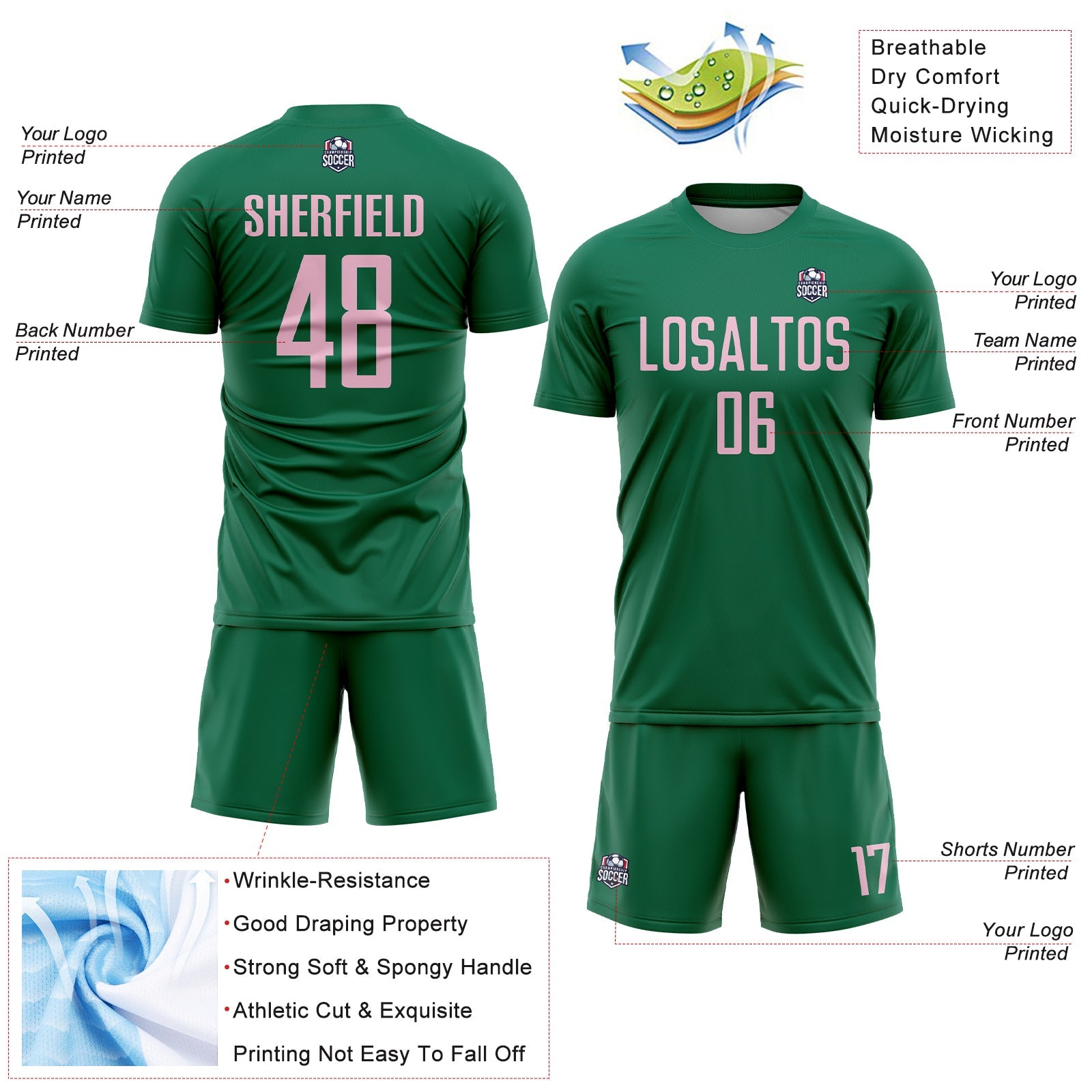 Custom Kelly Green Light Pink Sublimation Soccer Uniform Jersey