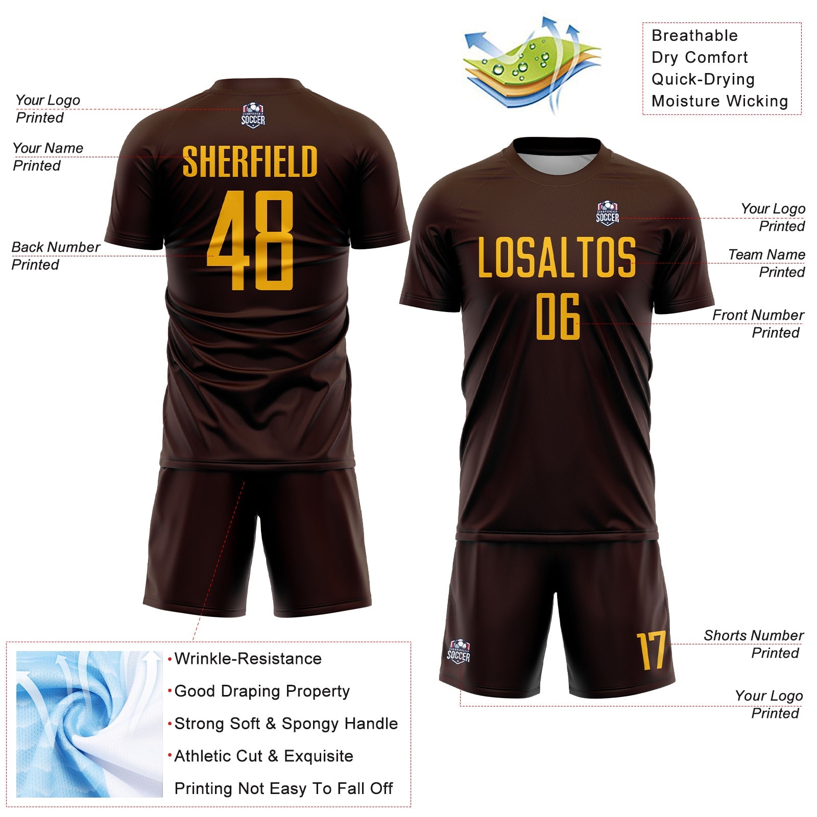 Custom Brown Gold Sublimation Soccer Uniform Jersey