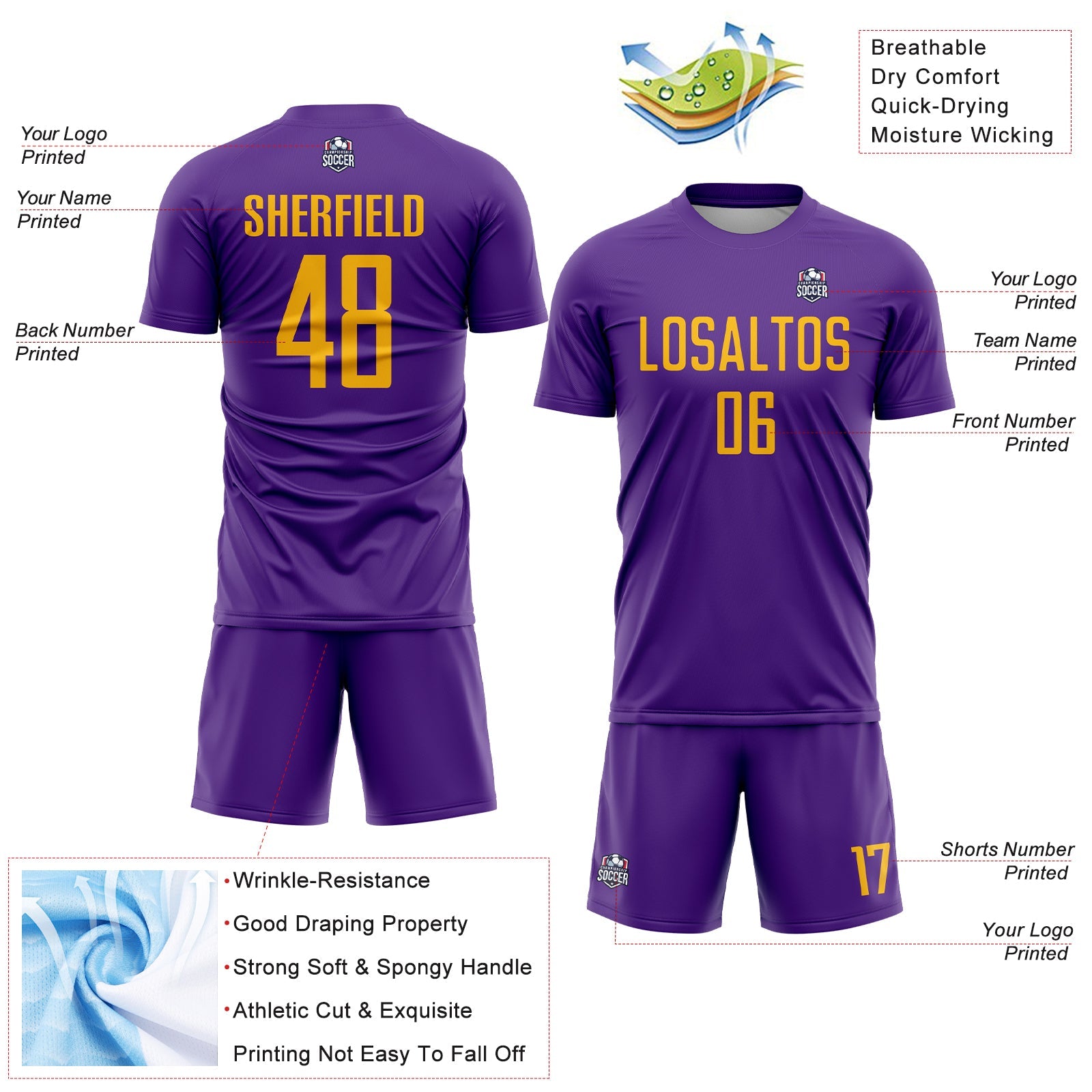Custom Purple Gold Sublimation Soccer Uniform Jersey