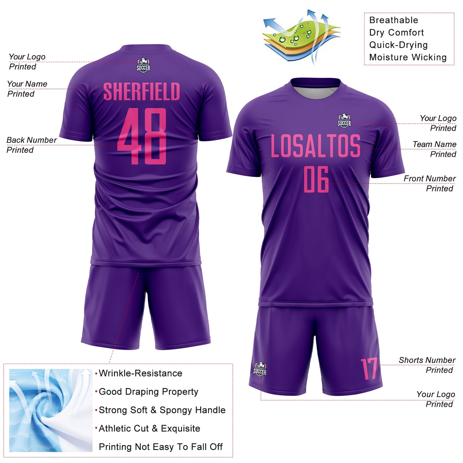 Custom Purple Pink Sublimation Soccer Uniform Jersey