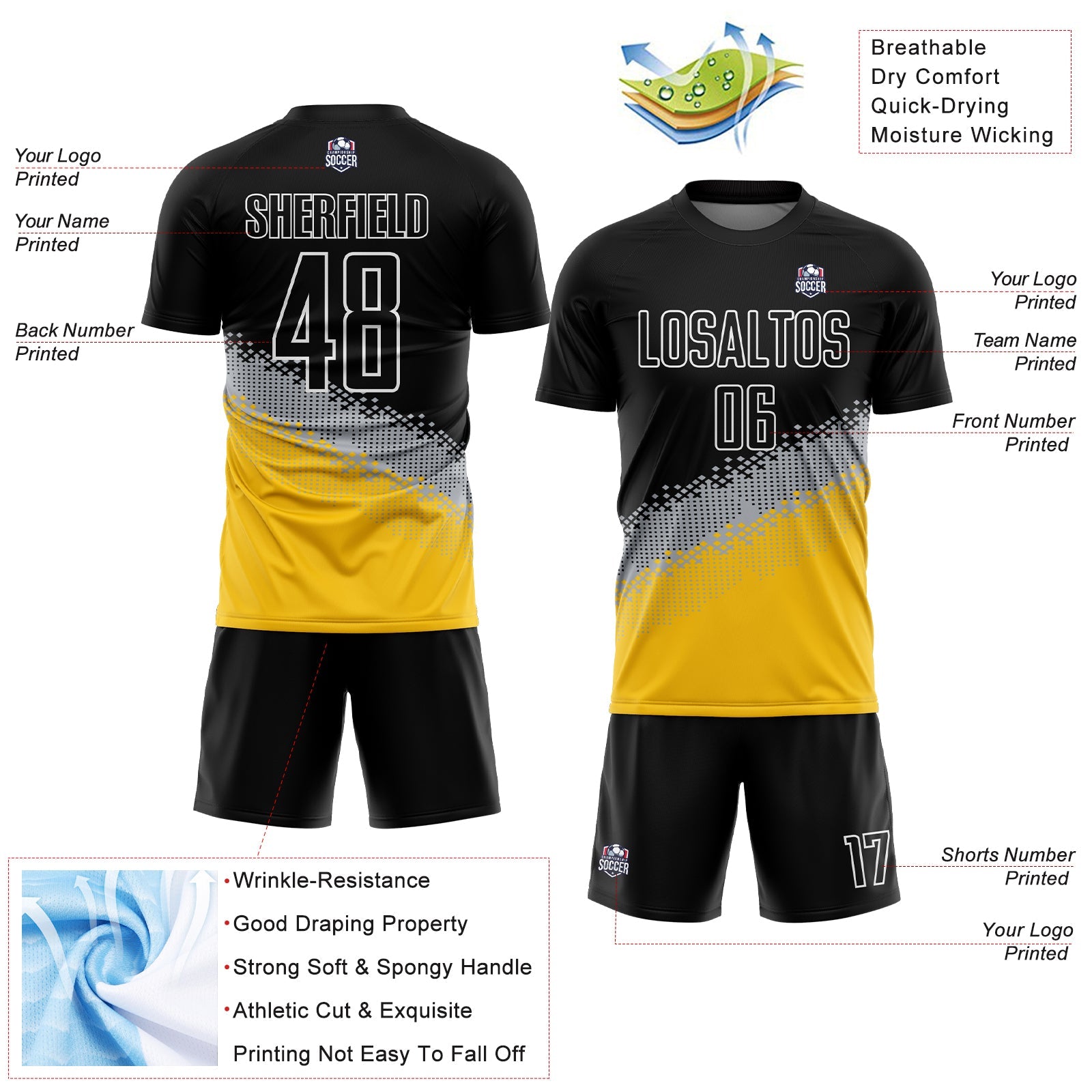 Custom Black Gray-Yellow Gradient Geometric Shape Sublimation Soccer Uniform Jersey