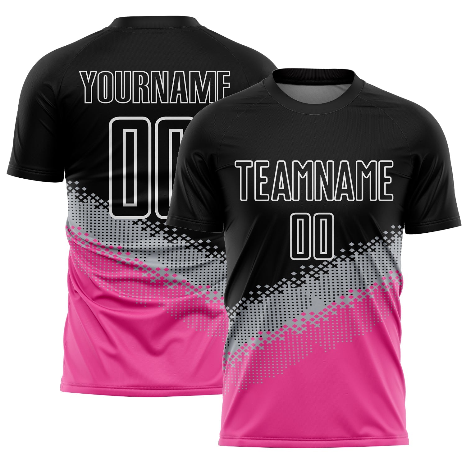 Custom Black Gray-Pink Gradient Geometric Shape Sublimation Soccer Uniform Jersey