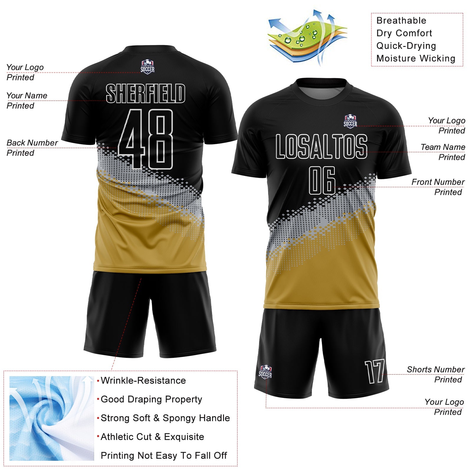 Custom Black Gray-Old Gold Gradient Geometric Shape Sublimation Soccer Uniform Jersey