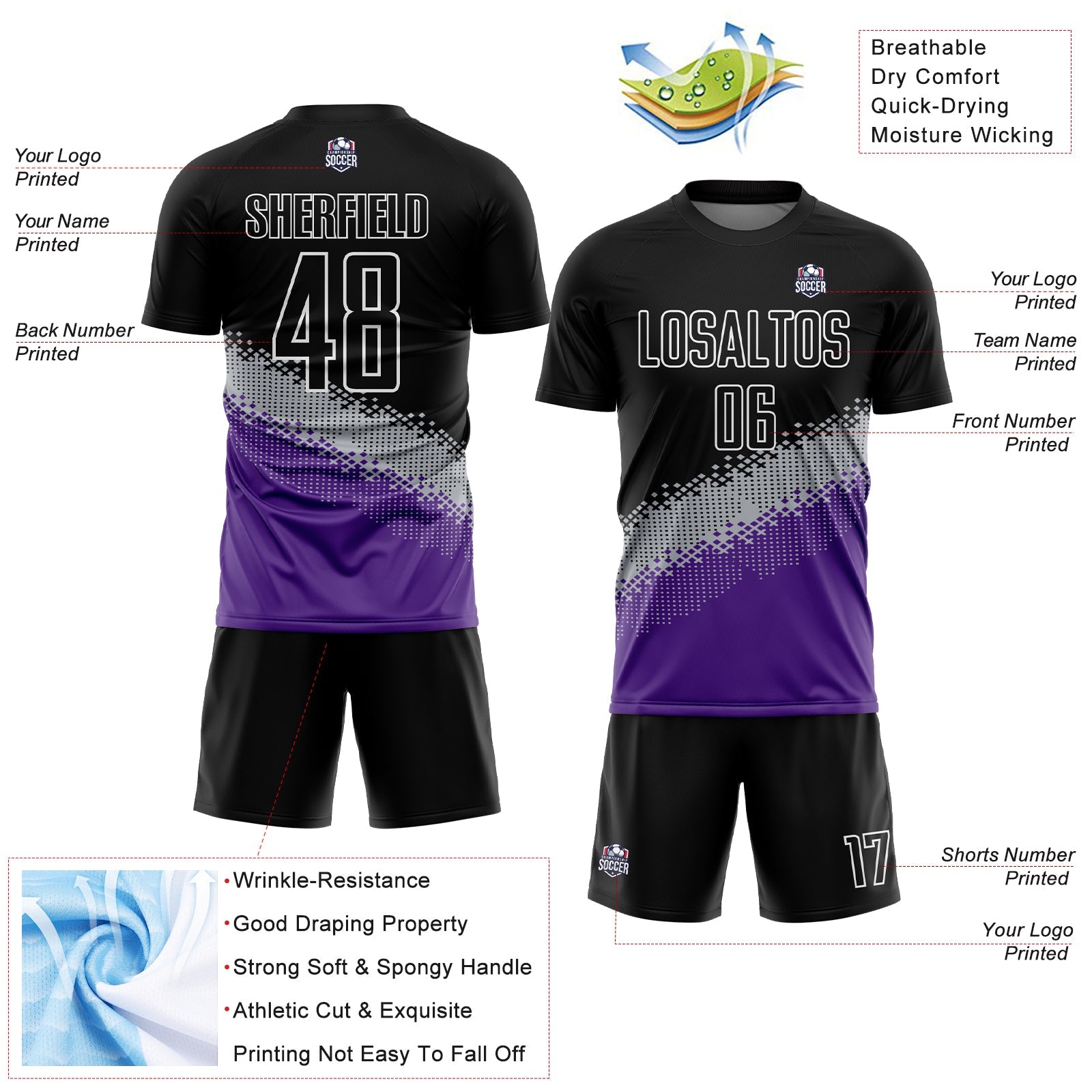 Custom Black Gray-Purple Gradient Geometric Shape Sublimation Soccer Uniform Jersey