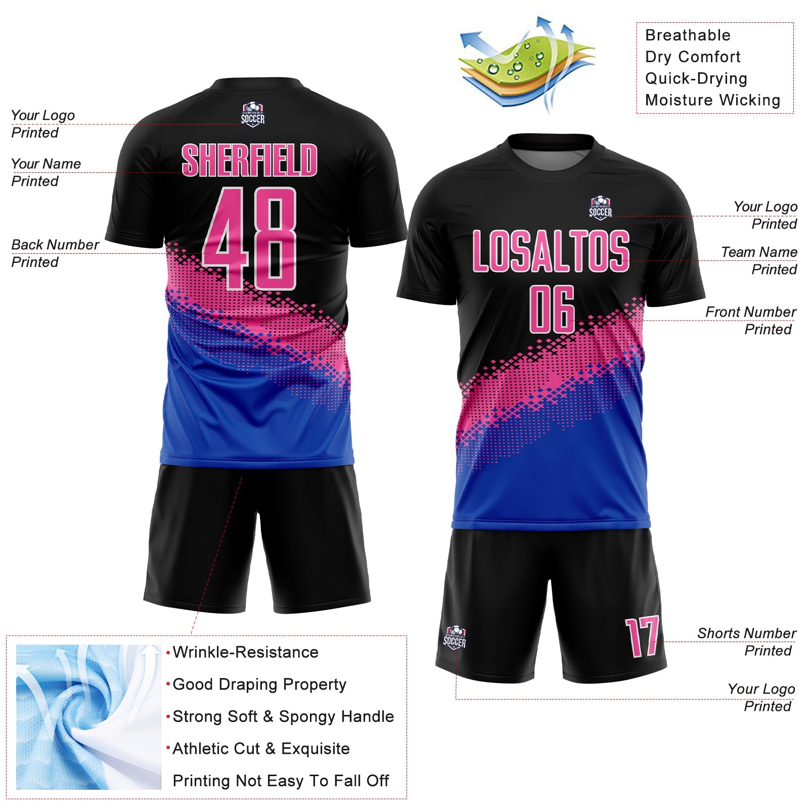 Custom Black Pink-Thunder Blue Gradient Geometric Shape Sublimation Soccer Uniform Jersey