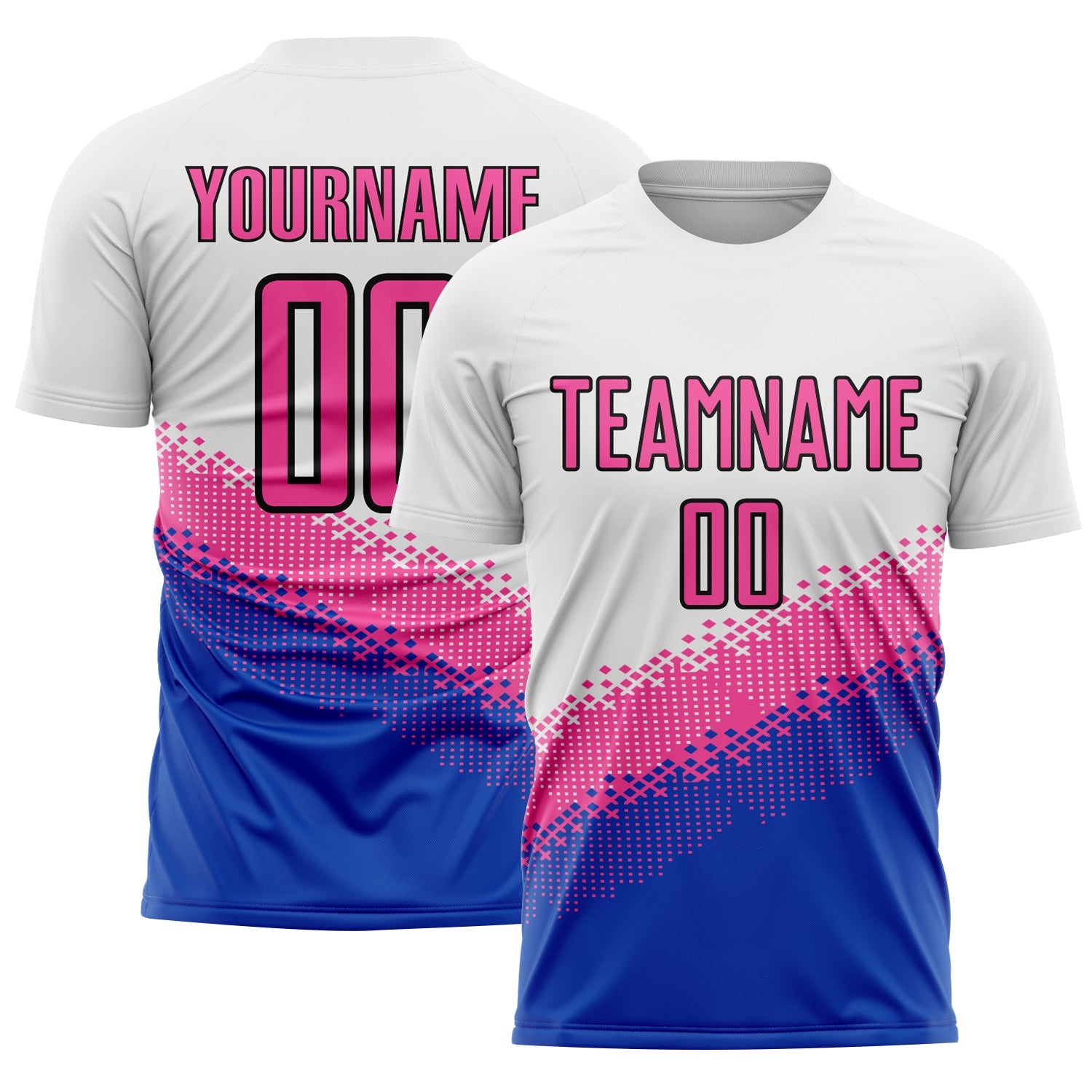 Custom White Pink Thunder Blue-Black Gradient Geometric Shape Sublimation Soccer Uniform Jersey