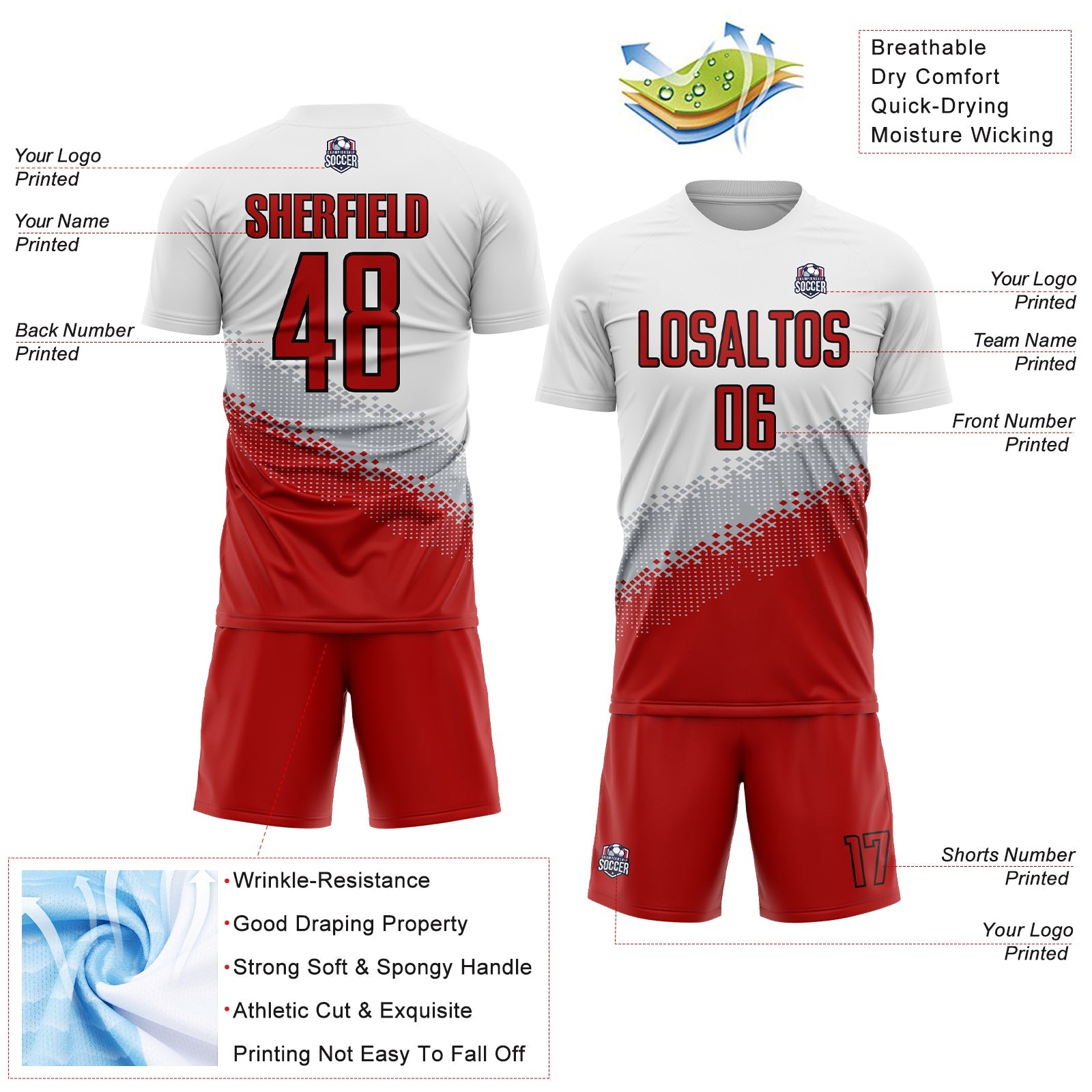 Custom White Red Gray-Black Gradient Geometric Shape Sublimation Soccer Uniform Jersey