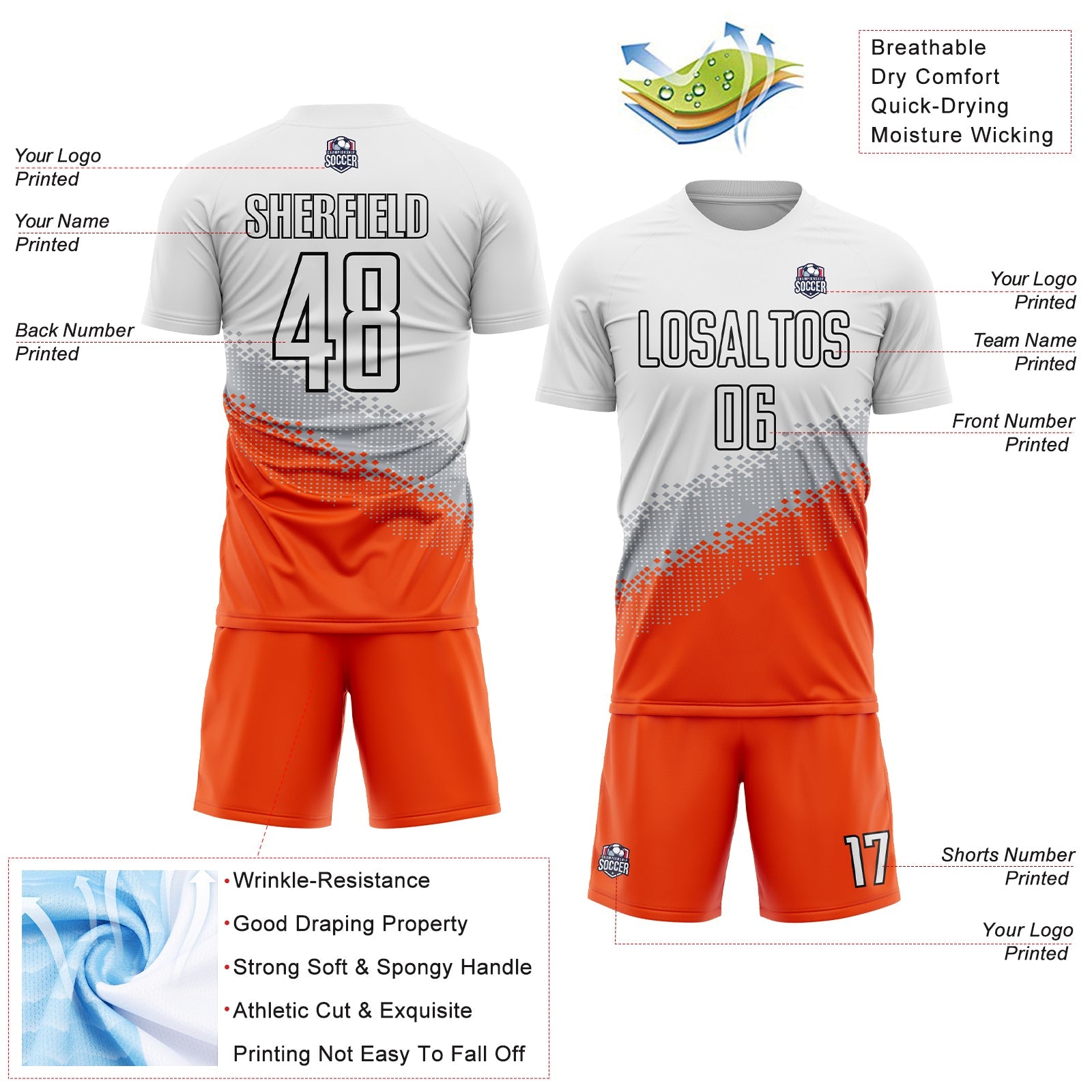 Custom White Gray Orange-Black Gradient Geometric Shape Sublimation Soccer Uniform Jersey