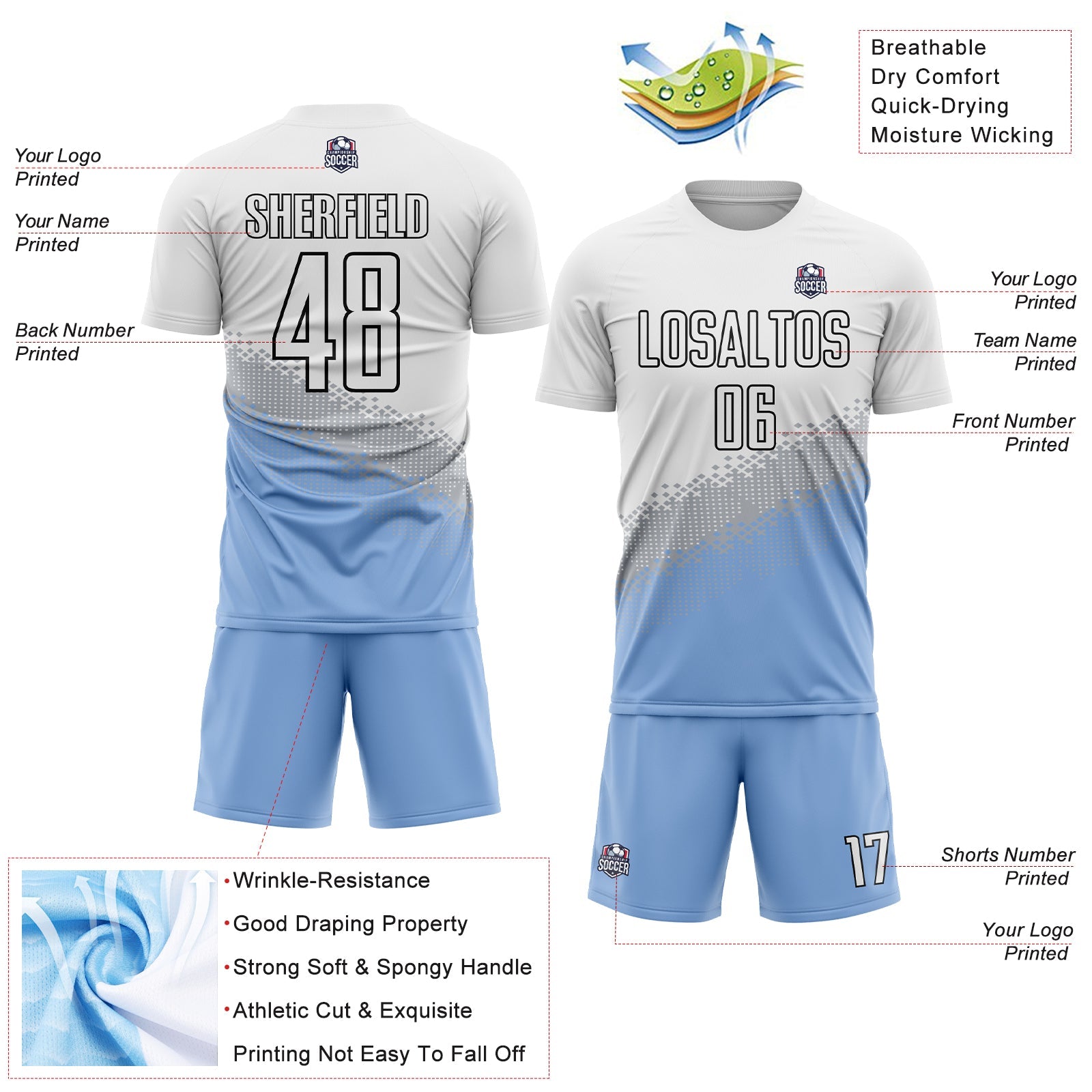 Custom White Gray Light Blue-Black Gradient Geometric Shape Sublimation Soccer Uniform Jersey