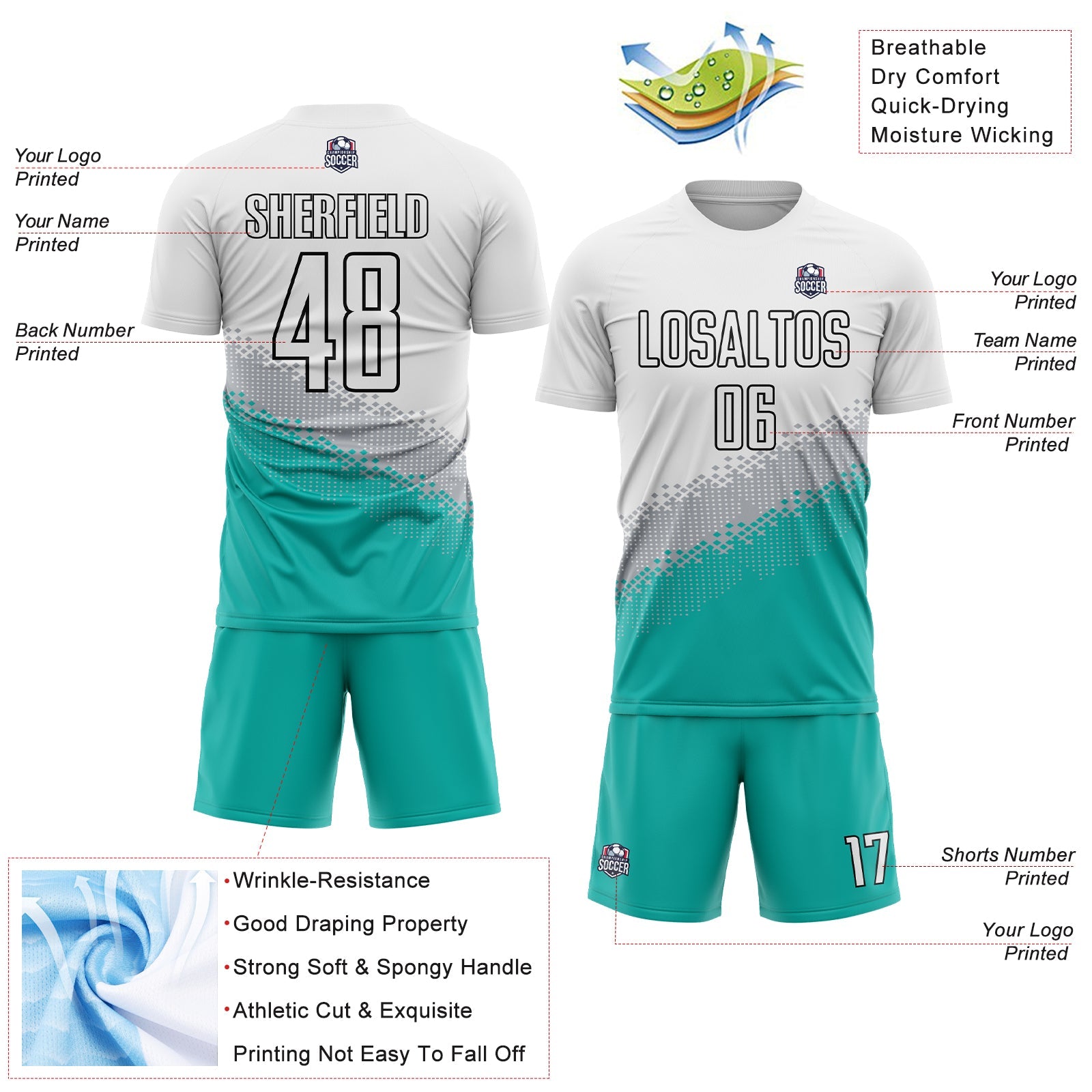 Custom White Gray Aqua-Black Gradient Geometric Shape Sublimation Soccer Uniform Jersey