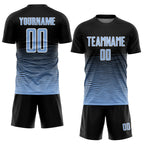Custom Black Light Blue-White Gradient Line Sublimation Soccer Uniform Jersey